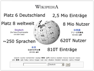 2,5 Mio Einträge 8 Mio Nutzer 810T Einträge 620T Nutzer ~250 Sprachen Platz 8 weltweit Platz 6 Deutschland 