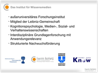 Das Institut für Wissensmedien außeruniversitäres Forschungsinstitut  Mitglied der Leibniz-Gemeinschaft Kognitionspsychologie, Medien-, Sozial- und Verhaltenswissenschaften  Interdisziplinäre Grundlagenforschung mit Anwendungsrelevanz Strukturierte Nachwuchsförderung 