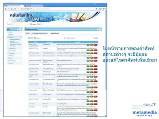 ในหน้ารายการของคำศัพท์ สถานะต่างๆ จะมีปุ่มลบ และแก้ไขคำศัพท์เพิ่มเข้ามา 