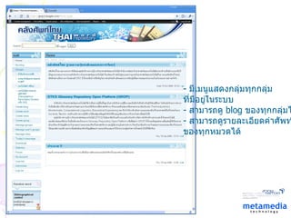 -  มีเมนูแสดงกลุ่มทุกกลุ่ม ที่มีอยู่ในระบบ สามารถดู   blog   ของทุกกลุ่มได้ สามารถดูรายละเอียดคำศัพท์ ของทุกหมวดได้ 