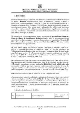 Ministério Público do Estado de Pernambuco
                     Promotoria de Justiça de Defesa da Cidadania da Capital


       1. DOS FATOS

Em face de representação formulada pelo Sindicato dos Professores da Rede Municipal
do Recife - Simpere, a Promotoria de Justiça de Defesa da Cidadania – Defesa e
Proteção do Patrimônio Público e Promoção e Defesa do Direito Humano à Educação –
instaurou o Inquérito Civil Conjunto nº 04/2007 para apurar as condições em que se
encontravam a estrutura física (conservação e adequação) dos prédios onde funcionam
as escolas e creches da rede pública municipal de ensino; a superlotação das salas de
aula (m2 por aluno); o fornecimento e a qualidade da merenda oferecida aos alunos da
rede pública municipal de ensino.

Na instrução do citado procedimento, foram requisitadas à Secretaria de Educação,
Esportes e Lazer do Município do Recife informações sobre os processos de reforma
de escolas e creches municipais, bem como foram ouvidos os engenheiros Alexandre El
Deir e Gustavo Luiz Leite, além das gestoras Maria Luiza Martins Aléssio e Marília
Lucinda Santana de Siqueira Bezerra.

De igual modo, foram solicitados documentos constantes da Auditoria Especial nº
0602025-2 (Relatório Preliminar de Auditoria - DOC. 01), ora em tramitação no
Tribunal de Contas do Estado, a qual tem por objeto a contratação direta de empresas de
engenharia para serviços de reformas das escolas e creches municipais no exercício
financeiro de 2006. Tal solicitação foi atendida através do Processo de Destaque nº
0704182-2 (Decisão TC nº 1402/07- DOC. 02).

Do conjunto probatório verifica-se que, no exercício financeiro de 2006, a Secretaria de
Educação emitiu 239 Notas de Empenho em favor de 92 empresas para a reforma de
195 unidades educacionais, no valor total de R$ 2.010.921,14 (dois milhões, dez mil,
novecentos e vinte e um reais e catorze centavos), conforme relação de notas de
empenho emitidas no referido exercício financeiro para contratação direta de serviços e
obras de engenharia com fundamento no art. 24, inciso I, da Lei nº 8.666/93 (DOC. 03).

O Relatório da Auditoria Especial nº 0602025-2 tem a seguinte conclusão:

Diante da existência das irregularidades relatadas ao longo deste relatório e tendo em
vista o que dispõe o art. 7º da Lei 8.429/92 (Lei de Improbidade Administrativa), os
autos deste processo deverão ser encaminhados ao Ministério Público. Além disso, as
irregularidades relatadas, independente da devolução, são passíveis de aplicação de
multa prevista no artigo 73, da Lei Orgânica do TCE/PE nº 12.600/2004, alterada pela
Lei nº 12.640/2004.

       4. Quadro de detalhamento de débitos

                                                                        Valor    passível      de
Item     Irregularidade            Legislação Infringida
                                                                        devolução (R$)




   Rua 1º de Março nº 100 – Santo Antonio – Recife/PE – CEP: 50010-070 – Fone (81) 3419-7195
                                             2 de 14
 