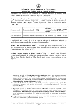 Ministério Público do Estado de Pernambuco
                        Promotoria de Justiça de Defesa da Cidadania da Capital
documentos de liquidação das despesas as Certidões Negativas de Débitos e os
Certificados de Regularidade Fiscal das empresas contratadas.

A equipe de auditoria verificou, através dos sites da Receita Federal e da Dataprev,
que a maioria destas empresas não possuía a Certidão Conjunta de Débitos Relativos a
Tributos Federais (DOC. 09) e a Certidão Negativa de Débito da Previdência Social
(DOC. 10):

                                                                Certidão
                                                                                  Certidão Negativa
    Estabelecimento      Empresa contratada CNPJ                Conjunta (Receita
                                                                                  (Previdência)
                                                                Federal)

    EM São Cristovão     Construtora MG Ltda. 61200160001-14 não possui (fls. 43) Vencida      (fls. 42)



Notadamente em relação à medição fictícia ocorrida é importante ressaltar o
conhecimento e a aprovação das mesmas pelas demandadas.

Maria Luiza Martins Aléssio3 (DOC. 11) afirmou que o que de fato ocorreu foi a
execução de serviços de engenharia em outras unidades escolares conforme Quadro 1
constante da sua defesa junto ao TCE.

Marília Lucinda Santana de Siqueira Bezerra4 (DOC. 12), por seu turno, informou
perante esta Promotoria de Justiça que [ela depoente] em conjunto com a Secretária
Maria Luiza Martins Aléssio e Edna Garcia autorizaram o procedimento acima
referido.




3
  Depoimento prestado por Maria Luiza Martins Aléssio: que reitera neste momento os termos
  apresentados na defesa apresentada junto ao TCE, no sentido de que de fato embora constasse na
  nota de empenho como se o serviço de engenharia tivesse sido executado nas escolas referidas, o que
  de fato ocorreu foi a execução de serviços de engenharia em outras unidades escolares conforme
  Quadro 1 constante da sua defesa junto ao TCE (...)
Que a tomada de decisão em relação à substituição de escolas era da depoente a partir dos
  levantamentos realizados pela gerência de engenharia e encaminhada pela Diretoria Financeira,
  professora Marília.
4
  Depoimento prestado por Marília Lucinda Santana de Siqueira: que embora constando o atesto
  dos engenheiros Alexandre El Deir e Gustavo Leite nas notas fiscais relativas aos empenhos
  destacados pelo TCE o serviço não foi executado naquelas unidades referidas na nota de empenho;
  que o procedimento acima adotado fora guiado pela emergência na restauração das unidades
  elencadas (...)
Que em face desta motivação a depoente em conjunto com a Secretária Maria Luiza Martins Aléssio e
  Edna Garcia autorizaram o procedimento acima referido.



       Rua 1º de Março nº 100 – Santo Antonio – Recife/PE – CEP: 50010-070 – Fone (81) 3419-7195
                                                 6 de 14
 