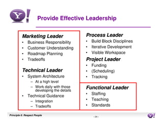 Provide Effective Leadership


          Marketing Leader                  Process Leader
          •    Business Responsibility      •   Build Block Disciplines
          •    Customer Understanding       •   Iterative Development
          •    Roadmap Planning             •   Visible Workspace
          •    Tradeoffs                    Project Leader
                                            •   Funding
          Technical Leader                  •   (Scheduling)
          •    System Architecture          •   Tracking
                 – At a high level
                 – Work daily with those    Functional Leader
                   developing the details
                                            •   Staffing
          •    Technical Guidance
                 – Integration              •   Teaching
                 – Tradeoffs                •   Standards

Principle 6: Respect People                                               24
                                                 - 24 -
 