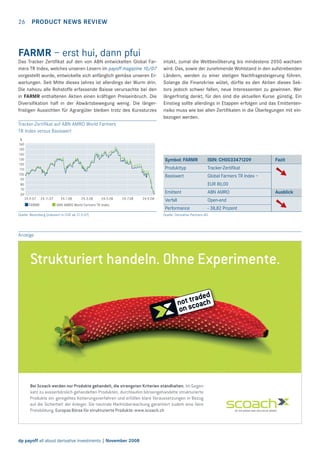 26

PRODUCT NEWS REVIEW

FARMR – erst hui, dann pfui
Das Tracker Zertiﬁkat auf den von ABN entwickelten Global Farmers TR Index, welches unseren Lesern im payoff magazine 10/07
vorgestellt wurde, entwickelte sich anfänglich gemäss unseren Erwartungen. Seit Mitte dieses Jahres ist allerdings der Wurm drin.
Die nahezu alle Rohstoffe erfassende Baisse verursachte bei den
in FARMR enthaltenen Aktien einen kräftigen Preiseinbruch. Die
Diversiﬁkation half in der Abwärtsbewegung wenig. Die längerfristigen Aussichten für Agrargüter bleiben trotz des Kurssturzes

intakt, zumal die Weltbevölkerung bis mindestens 2050 wachsen
wird. Das, sowie der zunehmende Wohlstand in den aufstrebenden
Ländern, werden zu einer stetigen Nachfragesteigerung führen.
Solange die Finanzkrise wütet, dürfte es den Aktien dieses Sektors jedoch schwer fallen, neue Interessenten zu gewinnen. Wer
längerfristig denkt, für den sind die aktuellen Kurse günstig. Ein
Einstieg sollte allerdings in Etappen erfolgen und das Emittentenrisiko muss wie bei allen Zertiﬁkaten in die Überlegungen mit einbezogen werden.

Tracker-Zertiﬁkat auf ABN AMRO World Farmers
TR Index versus Basiswert
%
160
150
140
130
120
110
100
90
80
70
60

Symbol: FARMR

ISIN: CH0033471209

Fazit

Produkttyp

Tracker-Zertiﬁkat

Basiswert

Global Farmers TR Index –

➘

EUR 80,00
Emittent
24.9.07
FARMR

24.11.07

24.1.08

24.3.08

24.5.08

24.7.08

ABN AMRO World Farmers TR Index

Quelle: Bloomberg (indexiert in CHF ab 21.9.07)

24.9.08

ABN AMRO

Ausblick

Verfall

Open-end

Performance

- 38,82 Prozent

➘

Quelle: Derivative Partners AG

Anzeige

Strukturiert handeln. Ohne Experimente.

Bei Scoach werden nur Produkte gehandelt, die strengsten Kriterien standhalten. Im Gegensatz zu ausserbörslich gehandelten Produkten, durchlaufen börsengehandelte strukturierte
Produkte ein geregeltes Kotierungsverfahren und erfüllen klare Voraussetzungen in Bezug
auf die Sicherheit der Anleger. Die neutrale Marktüberwachung garantiert zudem eine faire
Preisbildung. Europas Börse für strukturierte Produkte: www.scoach.ch

dp payoff all about derivative investments | November 2008

 
