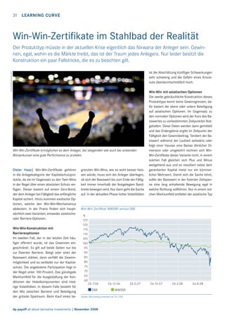 31

LEARNING CURVE

Win-Win-Zertiﬁkate im Stahlbad der Realität
Der Produkttyp müsste in der aktuellen Krise eigentlich das Nirwana der Anleger sein. Gewinnen, egal, wohin es die Märkte treibt, das ist der Traum jedes Anlegers. Nur leider besitzt die
Konstruktion ein paar Fallstricke, die es zu beachten gilt.
www.istockphotos.com

ist die Abschätzung künftiger Schwankungen
sehr schwierig und die Gefahr eines Knockouts überdurchschnittlich hoch.

Win-Win-Zertiﬁkate ermöglichen es dem Anleger, bei steigenden wie auch bei sinkenden
Börsenkursen eine gute Performance zu erzielen.

Dieter Haas| Win-Win-Zertiﬁkate gehören
in die Anlagekategorie der Kapitalschutzprodukte, da sie im Gegensatz zu den Twin-Wins
in der Regel über einen absoluten Schutz verfügen. Dieser basiert auf einem Zero-Bond,
der dem Anleger bei Fälligkeit das anfängliche
Kapital sichert. Hinzu kommen exotische Optionen, welche den Win-Win-Mechanismus
abdecken. In der Praxis ﬁnden sich hauptsächlich zwei Varianten, entweder asiatischeoder Barriere-Optionen.
Win-Win-Konstruktion mit
Barriereoptionen
Im zweiten Fall, der in der letzten Zeit häuﬁger offeriert wurde, ist das Gewinnen eingeschränkt. Es gilt auf beide Seiten nur bis
zur ﬁxierten Barriere. Steigt oder sinkt der
Basiswert stärker, dann verfällt die Gewinnmöglichkeit und es verbleibt nur der Kapitalschutz. Die angebotene Partizipation liegt in
der Regel unter 100 Prozent. Das günstigste
Marktumfeld für die Ausgestaltung der Konditionen der Hebelkomponenten sind niedrige Volatilitäten. In diesem Falle besteht für
den Mix zwischen Barriere und Beteiligung
der grösste Spielraum. Beim Kauf eines be-

grenzten Win-Wins, wie es wohl besser heissen würde, muss sich der Anleger überlegen,
ob sich der Basiswert bis zum Ende der Fälligkeit immer innerhalb der festgelegten Bandbreite bewegen wird. Nur dann geht die Sache
auf. In der aktuellen Phase hoher Volatilitäten

Win-Win mit asiatischen Optionen
Die zweite gebräuchliche Konstruktion dieses
Produkttyps kennt keine Gewinngrenzen, dafür basiert die obere oder untere Beteiligung
auf asiatischen Optionen. Im Gegensatz zu
den normalen Optionen wird der Kurs des Basiswertes zu vorbestimmten Zeitpunkten festgehalten. Diese Daten werden dann gemittelt
und das Endergebnis ergibt im Zeitpunkt der
Fälligkeit den Gewinnbeitrag. Tendiert der Basiswert während der Laufzeit seitwärts oder
folgt einer Hausse eine Baisse ähnlicher Dimension oder umgekehrt rechnen sich WinWin-Zertiﬁkate dieser Variante nicht. In einem
solchen Fall gleichen sich Plus und Minus
weitgehend aus und es resultiert nebst dem
garantierten Kapital meist nur ein kümmerlicher Mehrwert. Damit sich die Sache lohnt,
sollte der Basiswert in der ﬁxierten Zeitspanne eine lang anhaltende Bewegung egal in
welche Richtung vollführen. Nur in einem solchen Marktumfeld entfaltet der asiatische Typ

Win-Win Zertiﬁkat WWSMI versus SMI
%
125
120
115
110
105
100
95
90
85
80
75
70
65
60
26.7.06

SMI

26.12.06

WWSMI

Quelle: Bloomberg (indexiert ab 26.7.06)

dp payoff all about derivative investments | November 2008

26.5.07

26.10.07

26.3.08

26.8.08

 