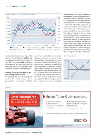 LEARNING CURVE

Vergleich Nikkei-225 mit dem Butterﬂy Zertiﬁkat
YEN
19’000

USD
1’700

17’500

1’600

16’000

1’500

14’500

1’400

13’000

1’300

11’500

1’200

10’000

1’100

8’500

1’000

7’000
20.6.05

900
10.2.06

Nikkei-225
Profit lock-in Level

29.9.06

4.6.07

9.1.08

18.8.08

Valor 2’179’191 – rechte Skala
theor. Wert – rechte Skala
Minimum-Level nach Erreichung Lock-in – rechte Skala

Quelle: Derivative Partners AG, Credit Suisse

sein Potenzial. Das bereits seit längerer Zeit
laufende Win-Win-Zertiﬁkat WWSMI zeigt
ein typisches Praxisbild. In der Hausse bis
Mitte 2007 vermochte WWSMI nicht mit der
Kursentwicklung des SMI Schritt halten. Als
jedoch der SMI auf die schiefe Bahn geriet,
machte das Zertiﬁkat sukzessive Boden gut.
Butterﬂy-Zertiﬁkate, eine etwas in Vergessenheit geratene Variante
Bei Butterﬂy-Zertiﬁkaten muss im Gegensatz
zur klassischen Form der Basiswert zuerst ein
gewisses Niveau erreichen, damit ein Kapital-

schutz ﬁxiert wird (lock-in). Nimmt das Zertiﬁkat diese Hürde, dann kommt der Anleger
ab diesem Level in den Genuss eines uneingeschränkten Win-Win-Mechanismus. Dieser
wird durch eine Kombination normaler Put und
Calls sichergestellt. Dadurch liegt die Beteiligung in beide Richtungen in der Regel über
derjenigen der beiden anderen Formen. Falls
der Lock-in nicht erreicht wird, besteht zusätzlich eine Barriere unterhalb des Startkurses.
Der Anleger erhält für den Fall, dass während
der Laufzeit kein Schwellenereignis und kein
Lock-in eingetreten ist, am Rückzahlungstag

den Ausgabekurs. Trotz etlichen Parallelen zu
den kapitalgeschützten Win-Wins gehören solche Butterﬂy-Zertiﬁkate wegen des anfänglich
nur bedingten Schutzes zur Gruppe der Partizipationsprodukte. Im nachstehenden Beispiel
auf den Nikkei-225 stimmte bislang alles. Im
Ausgabezeitpunkt befand sich der japanische
Aktienmarkt in einer Aufwärtsphase und erreichte am 26.09.05 die Lock-in-Schwelle. Der
Rückschlag in Richtung der Barriere wurde
vom Zertiﬁkat nur teilweise nachvollzogen. Als
sich die Talfahrt des Nikkei fortsetzte, dauerte
es daher eine Weile bis das Butterﬂy-Zertiﬁkat
wieder nachzog. Mittlerweile funktioniert es
ähnlich einem Short-Tracker. Win-Win-Zertiﬁkate sind keine Wunderpapiere, wie es der
Name etwas grosspurig suggeriert. Richtig eingesetzt, können sie jedoch einen respektablen
Mehrwert gegenüber dem Basiswert erzielen.
Win-Win Zertiﬁkat
Gewinn

0

Verlust

Preis Basiswert

Ba
sis
we
rt

32

Quelle: Derivative Partners AG

Anzeige

Jetzt informieren!
www.hsbc-zertifikate.ch
Tel.: 00800 4000 9100
Anruf kostenfrei

Endlos-Turbo-Optionsscheine.
attraktiver Leverage
1:1 Partizipation
nahezu keine Volatilitätseinflüsse

keine Laufzeitbegrenzung*
sofortiger Knock-out möglich
SWX gelistet
* mit Kündigungsrecht der Emittentin

Den Wertpapierprospekt erhalten Sie unter www.hsbc-zertifikate.ch

HSBC Trinkaus & Burkhardt AG Marketing Retail Products
Königsallee 21/23 D-40212 Düsseldorf

dp payoff all about derivative investments | November 2008

 