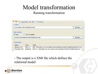 ModeltransformationRunningtransformation<br />- The output is a XMI filewhich defines therelationalmodel<br />
