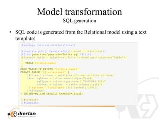ModeltransformationSQL generation<br />SQL codeisgeneratedfromtheRelationalmodelusing a texttemplate:<br />