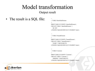 ModeltransformationOutput result<br />Theresultis a SQL file:<br />-- <br />-- TABLE IdentifiedElement<br />-- <br />DROP ...