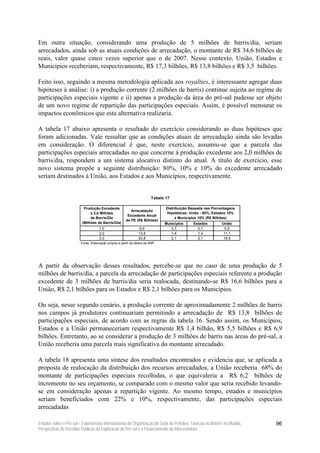 Em outra situação, considerando uma produção de 5 milhões de barris/dia, seriam
arrecadados, ainda sob as atuais condições de arrecadação, o montante de R$ 34,6 bilhões de
reais, valor quase cinco vezes superior que o de 2007. Nesse contexto, União, Estados e
Municípios receberiam, respectivamente, R$ 17,3 bilhões, R$ 13,8 bilhões e R$ 3,5 bilhões.

Feito isso, seguindo a mesma metodologia aplicada aos royalties, é interessante agregar duas
hipóteses à análise: i) a produção corrente (2 milhões de barris) continue sujeita ao regime de
participações especiais vigente e ii) apenas a produção da área do pré-sal pudesse ser objeto
de um novo regime de repartição das participações especiais. Assim, é possível mensurar os
impactos econômicos que esta alternativa realizaria.

A tabela 17 abaixo apresenta o resultado do exercício considerando as duas hipóteses que
foram adicionadas. Vale ressaltar que as condições atuais de arrecadação ainda são levadas
em consideração. O diferencial é que, neste exercício, assumiu-se que a parcela das
participações especiais arrecadadas no que concerne à produção excedente aos 2,0 milhões de
barris/dia, respondem a um sistema alocativo distinto do atual. A título de exercício, esse
novo sistema propõe a seguinte distribuição: 80%, 10% e 10% do excedente arrecadado
seriam destinados à União, aos Estados e aos Municípios, respectivamente.


                                                                         Tabela 17

                           Produção Excedente                                   Distribuição Baseada nas Porcentagens
                                                          Arrecadação
                               a 2,0 Milhões                                     Hipotéticas: União - 80%, Estados 10%
                                                        Excedente Anual
                               de Barris/Dia                                         e Municípios 10% (R$ Bilhões)
                                                       de PE (R$ Bilhões)
                          (Milhões de Barris/Dia)                              Municípios      Estados        União
                                     1,0                        6,9               0,7            0,7           5,5
                                     2,0                        13,8              1,4            1,4           11,1
                                     3,0                        20,8              2,1            2,1           16,6
                         Fonte: Elaboração própria a partir de dados da ANP.




A partir da observação desses resultados, percebe-se que no caso de uma produção de 5
milhões de barris/dia, a parcela da arrecadação de participações especiais referente a produção
excedente de 3 milhões de barris/dia seria realocada, destinando-se R$ 16,6 bilhões para a
União, R$ 2,1 bilhões para os Estados e R$ 2,1 bilhões para os Municípios.

Ou seja, nesse segundo cenário, a produção corrente de aproximadamente 2 milhões de barris
nos campos já produtores continuariam permitindo a arrecadação de R$ 13,8 bilhões de
participações especiais, de acordo com as regras da tabela 16. Sendo assim, os Municípios,
Estados e a União permaneceriam respectivamente R$ 1,4 bilhão, R$ 5,5 bilhões e R$ 6,9
bilhões. Entretanto, ao se considerar a produção de 3 milhões de barris nas áreas do pré-sal, a
União receberia uma parcela mais significativa do montante arrecadado.

A tabela 18 apresenta uma síntese dos resultados encontrados e evidencia que, se aplicada a
proposta de realocação da distribuição dos recursos arrecadados, a União receberia 68% do
montante de participações especiais recolhidas, o que equivaleria a R$ 6,2 bilhões de
incremento no seu orçamento, se comparado com o mesmo valor que seria recebido levando-
se em consideração apenas a repartição vigente. Ao mesmo tempo, estados e municípios
seriam beneficiados com 22% e 10%, respectivamente, das participações especiais
arrecadadas

Estudos sobre o Pré-sal – Experiências Internacionais de Organização do Setor de Petróleo, Taxação no Brasil e no Mundo,   96
Perspectivas de Receitas Públicas da Exploração do Pré-sal e o Financiamento da Infra-estrutura
 