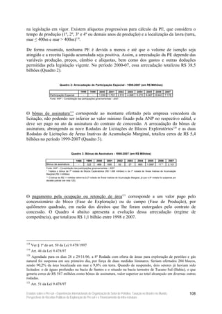 na legislação em vigor. Existem alíquotas progressivas para cálculo da PE, que considera o
tempo de produção (1º, 2º, 3º e 4º ou demais anos de produção) e a localização da lavra (terra,
mar ≤ 400m e mar > 400m)118.

De forma resumida, nenhuma PE é devida a menos e até que o volume de isenção seja
atingido e a receita líquida acumulada seja positiva. Assim, a arrecadação da PE depende das
variáveis produção, preços, câmbio e alíquotas, bem como dos gastos e outras deduções
permitidas pela legislação vigente. No período 2000-07, essa arrecadação totalizou R$ 38,5
bilhões (Quadro 2).


                             Quadro 2: Arrecadação de Participação Especial - 1998-2007 (em R$ Milhões)

                                                 1998     1999     2000     2001      2002     2003     2004     2005      2006     2007
                    Participação Especial          -        -      1.039    1.722     2.510    4.998    5.272    6.967     8.840    7.178
                    Fonte: ANP – Consolidação das participações governamentais – 2007.




O bônus de assinatura119 corresponde ao montante ofertado pela empresa vencedora da
licitação, não podendo ser inferior ao valor mínimo fixado pela ANP no respectivo edital, e
deve ser pago no ato da assinatura do contrato de concessão. A arrecadação do bônus de
assinatura, abrangendo as nove Rodadas de Licitações de Blocos Exploratórios120 e as duas
Rodadas de Licitações de Áreas Inativas de Acumulação Marginal, totaliza cerca de R$ 5,4
bilhões no período 1999-2007 (Quadro 3).


                                        Quadro 3: Bônus de Assinatura - 1998-2007 (em R$ Milhões)

                                             1998       1999     2000      2001      2002      2003      2004      2005      2006      2007
                Bônus de assinatura            -        322      468       595        92        27        665     1.089*     11**      2.101
                Fonte: ANP – Consolidação das participações governamentais – 2007.
                * Totaliza o bônus da 7ª rodada de Blocos Exploratórios (R$ 1.086 milhões) e da 1ª rodada de Áreas Inativas de Acumulação
                Marginal (R$ 3 milhões).
                ** O bônus de R$ 11 milhões refere-se à 2ª rodada de Áreas Inativas de Acumulação Marginal, já que a 8ª rodada foi suspensa por
                decisão judicial (ver nota 120).




O pagamento pela ocupação ou retenção de área121 corresponde a um valor pago pelo
concessionário do bloco (Fase de Exploração) ou do campo (Fase de Produção), por
quilômetro quadrado, em razão dos direitos que lhe foram outorgados pelo contrato de
concessão. O Quadro 4 abaixo apresenta a evolução dessa arrecadação (regime de
competência), que totalizou R$ 1,1 bilhão entre 1998 e 2007.




118
      Ver § 1º do art. 50 da Lei 9.478/1997
119
      Art. 46 da Lei 9.478/97
120
    Agendada para os dias 28 e 29/11/06, a 8ª Rodada com oferta de áreas para exploração de petróleo e gás
natural foi suspensa em seu primeiro dia, por força de duas medidas liminares. Seriam ofertados 284 blocos,
sendo 90,2% da área localizada em mar e 9,8% em terra. Quando da suspensão, dois setores já haviam sido
licitados: o de águas profundas na bacia de Santos e o situado na bacia terrestre de Tucano Sul (Bahia), o que
geraria cerca de R$ 587 milhões como bônus de assinatura, valor superior ao total alcançado em diversas outras
rodadas.
121
      Art. 51 da Lei 9.478/97

Estudos sobre o Pré-sal – Experiências Internacionais de Organização do Setor de Petróleo, Taxação no Brasil e no Mundo,                          108
Perspectivas de Receitas Públicas da Exploração do Pré-sal e o Financiamento da Infra-estrutura
 