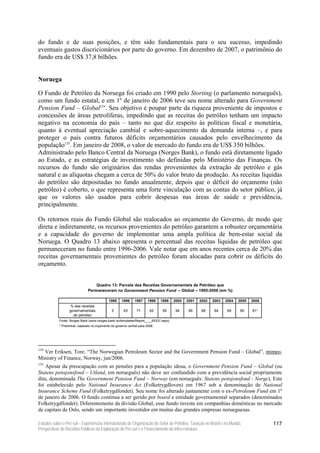 do fundo e de suas posições, e têm sido fundamentais para o seu sucesso, impedindo
eventuais gastos discricionários por parte do governo. Em dezembro de 2007, o patrimônio do
fundo era de US$ 37,8 bilhões.


Noruega

O Fundo de Petróleo da Noruega foi criado em 1990 pelo Storting (o parlamento norueguês),
como um fundo estatal, e em 1º de janeiro de 2006 teve seu nome alterado para Government
Pension Fund – Global134. Seu objetivo é poupar parte da riqueza proveniente de impostos e
concessões de áreas petrolíferas, impedindo que as receitas do petróleo tenham um impacto
negativo na economia do país – tanto no que diz respeito às políticas fiscal e monetária,
quanto à eventual apreciação cambial e sobre-aquecimento da demanda interna –, e para
proteger o país contra futuros déficits orçamentários causados pelo envelhecimento da
população135. Em janeiro de 2008, o valor de mercado do fundo era de US$ 350 bilhões.
Administrado pelo Banco Central da Noruega (Norges Bank), o fundo está diretamente ligado
ao Estado, e as estratégias de investimento são definidas pelo Ministério das Finanças. Os
recursos do fundo são originários das rendas provenientes da extração de petróleo e gás
natural e as alíquotas chegam a cerca de 50% do valor bruto da produção. As receitas líquidas
do petróleo são depositadas no fundo anualmente, depois que o déficit do orçamento (não
petróleo) é coberto, o que representa uma forte vinculação com as contas do setor público, já
que os valores são usados para cobrir despesas nas áreas de saúde e previdência,
principalmente.

Os retornos reais do Fundo Global são realocados ao orçamento do Governo, de modo que
direta e indiretamente, os recursos provenientes do petróleo garantem a robustez orçamentária
e a capacidade do governo de implementar uma ampla política de bem-estar social da
Noruega. O Quadro 13 abaixo apresenta o percentual das receitas líquidas de petróleo que
permaneceram no fundo entre 1996-2006. Vale notar que em anos recentes cerca de 20% das
receitas governamentais provenientes do petróleo foram alocadas para cobrir os déficits do
orçamento.


                                   Quadro 13: Parcela das Receitas Governamentais de Petróleo que
                               Permaneceram no Government Pension Fund – Global – 1995-2006 (em %)

                                             1995     1996     1997     1998   1999   2000   2001   2002   2003   2004   2005   2006
                  % das receitas
                  governamentais               5       63       71       62    59     94      99    68     64      65    80     81*
                    de petróleo
            Fonte: Norges Bank (www.norges-bank.no/templates/Report____65337.aspx).
            * Preliminar, baseado no orçamento do governo central para 2006.




134
  Ver Eriksen, Tore. “The Norwegian Petroleum Sector and the Government Pension Fund – Global”, mimeo,
Ministry of Finance, Norway, jun/2006.
135
    Apesar da preocupação com as pensões para a população idosa, o Government Pension Fund – Global (ou
Statens pensjonsfond – Utland, em norueguês) não deve ser confundido com a previdência social propriamente
dita, denominada The Government Pension Fund – Norway (em norueguês: Statens pensjonsfond - Norge). Este
foi estabelecido pelo National Insurance Act (Folketrygdloven) em 1967 sob a denominação de National
Insurance Scheme Fund (Folketrygdfondet). Seu nome foi alterado juntamente com o ex-Petroleum Fund em 1º
de janeiro de 2006. O fundo continua a ser gerido por board e entidade governamental separados (denominados
Folketrygdfondet). Diferentemente da divisão Global, esse fundo investe em companhias domésticas no mercado
de capitais de Oslo, sendo um importante investidor em muitas das grandes empresas norueguesas.

Estudos sobre o Pré-sal – Experiências Internacionais de Organização do Setor de Petróleo, Taxação no Brasil e no Mundo,               117
Perspectivas de Receitas Públicas da Exploração do Pré-sal e o Financiamento da Infra-estrutura
 