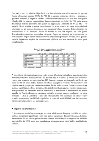 Em 2007 – ano de relativa folga fiscal – os investimentos em infra-estrutura do governo
federal alcançaram apenas 0,34% do PIB. Já as demais instâncias públicas – empresas e
governos estaduais, e empresas federais – contribuíram com 0,72% do PIB para estes gastos
(Quadro 18). No total, os entes públicos foram responsáveis por 1,06% do PIB, muito abaixo
do patamar mínimo necessário para evitar sua degradação (estimado em 3% do PIB – ver
abaixo). Neste sentido, o maior envolvimento do setor privado se torna imprescindível,
informado por um simples silogismo: o país requer um volume crescente de investimentos em
infra-estrutura e as restrições fiscais do Estado no que diz respeito aos seus gastos
discricionários assumiram um caráter estrutural. Assim, na margem, os investimentos em
infra-estrutura no país seriam necessariamente direcionados pelo setor privado, ainda que seja
também importante ampliar os investimentos públicos pela sua natureza de modo geral
complementar.


                                              Quadro 18: Brasil – Investimentos em Infra-Estrutura
                                                  2001-2007 (em R$ Bilhões Correntes e %)

                                                         2001      2002      2003      2004     2005      2006      2007
                       Governo Federal                       4,7       3,8       1,4        3       4,6       6,8       8,7
                       % PIB                               0,36      0,25      0,08      0,15     0,22      0,29      0,34
                       Empresas públicas                     9,5     11,2      11,1      11,8        15     19,4      18,4
                       % PIB                               0,73      0,76      0,65      0,61      0,7      0,83      0,72
                       Empresas privadas                      29     17,6         15       21     24,5      22,9      24,9
                       % PIB                               2,23      1,19      0,88      1,08     1,14      0,99      0,97
                       Invest. Infra Total                 43,2      32,5      27,5      35,8     44,1      49,1         52
                       % PIB                               3,32       2,2      1,62      1,85     2,06      2,11      2,03
                       Fonte: Cálculos próprios – ver Anexo III.




A experiência internacional, como se verá a seguir, é bastante matizada no que diz respeito à
participação relativa público-privada. Se, por um lado, a evidência é robusta que economias
emergentes investem um percentual do PIB bastante superior ao observado no Brasil, por
outro não há um único padrão público-privado de alocação de recursos. Países asiáticos com
elevada taxa de poupança e menores restrições fiscais, assim como a Europa continental por
meio de significativo esforço tributário, têm podido mobilizar recursos públicos direcionados
principalmente ao transporte público metroviário e ferroviário, e saneamento em menor
medida. Na América Latina, os países que mais têm investido (proporcionalmente) em infra-
estrutura – Chile e Colômbia – têm sido relativamente bem sucedidos em atrair o setor
privado, combinando estabilidade regulatória e razoável previsibilidade nos investimentos
públicos complementares aos gastos privados.


A Experiência Internacional

O investimento em infra-estrutura por períodos relativamente longos é condição necessária
tanto ao crescimento econômico como para ganhos sustentados de competitividade. Este não
é um esforço trivial. Poucos países têm sido capazes de sustentá-lo ao longo de um horizonte
que vai além de 20-30 anos, sem reduções que comprometem a integridade e qualidade dos
serviços.


Estudos sobre o Pré-sal – Experiências Internacionais de Organização do Setor de Petróleo, Taxação no Brasil e no Mundo,      129
Perspectivas de Receitas Públicas da Exploração do Pré-sal e o Financiamento da Infra-estrutura
 
