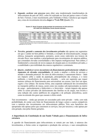 •     Segundo, acelerar este processo para obter uma modernização transformadora da
           infra-estrutura do país até 2022, como foi realizado na Ásia por países como a Coréia
           do Sul e Taiwan, e mais recentemente, pela Tailândia e China. Calcula-se que naquele
           ano, a taxa de investimento deveria chegar a 7% do PIB (Quadro 21).


                            Quadro 21: Brasil: Projeção de Necessidade de Investimento em Infra-estrutura
                                        2013-2022 (em US$ Bilhões, Exceto Quando Indicado)


                                          2013     2014        2015       2016       2017       2018       2019       2020       2021       2022
             PIB (US$ trilhões)*            1,96     2,05        2,14       2,24       2,34       2,44       2,55       2,67       2,79       2,91
             Invest./PIB (em %)              3,8      4,2         4,5        4,8        5,1        5,5        5,8        6,2        6,6        7,0
             Investimento                   74,5     86,0        96,3      107,4      119,2      134,3      148,1      165,4      184,0      203,9
             Invest.Adicional**              5,9     14,3        21,4       29,1       37,4       48,9       58,7       72,0       86,4      102,0
             Fonte: Elaboração própria.
             * Nesta simulação, a premissa é que a economia cresce 4,5% a.a.
             ** calculado pela diferença entre a taxa de investimento projetada para o ano e o percentual considerado como “curso normal da economia”
             (estimado em 3,5% do PIB).




     •     Terceiro, garantir o aumento dos investimentos privados não apenas nos segmentos
           em que o caráter de bem público é limitado, a exemplo de telecomunicações, energia
           elétrica, transporte aeroportuário, portuário, assim como rodoviário nos troncos de
           elevado fluxo, mas também e principalmente para investimentos de natureza pública,
           que comandam elevadas externalidades e têm impacto multigeracional. Para ambos, é
           fundamental a concessão de novos espaços de atuação para os investidores privados, e
           a estabilidade e previsibilidade dos marcos regulatórios e contratuais.

     •     Quarto, estabelecer novos mecanismos de financiamento particularmente voltados a
           segmentos de elevadas externalidades, de modo a ampliar a oferta de serviços e
           atender a demanda potencial. No setor de infra-estrutura, o saneamento básico – dado
           seu impacto sobre a saúde da população, principalmente das crianças, e o meio
           ambiente, e insuficiência dos recursos alocados –, seria um segmento que requer
           maiores esforços de financiamento para universalizar seu acesso, com foco em água,
           esgoto e lixo urbano. Da mesma forma, uma expansão substancial dos investimentos
           no transporte público de massa, assim como nos modais sub-representados na matriz
           de carga – particularmente o hidroviário e o ferroviário – teriam impacto não apenas
           sobre os custos privados (de deslocamento das famílias ou de carga), mas levaria a
           uma redução dos custos (públicos) de congestão e de poluição atmosférica, assim
           como na emissão dos gases que causam o efeito estufa.

Tais investimentos – ainda que possam ser executados pelo setor privado – terão, com toda
probabilidade, de contar com fonte de financiamento de longo a prazo a custos compatíveis
com a natureza dos investimentos em infra-estrutura pública. Pois seus benefícios são
apropriados não apenas pelos que consomem os serviços, mas por terceiros; e não apenas por
esta geração, mas pelas futuras gerações.


A Importância da Constituição de um Fundo Voltado para o Financiamento de Infra-
estrutura

A questão do financiamento para infra-estrutura se remete por um lado, à natureza dos
investimentos, a forma como se organizam a produção dos serviços, e suas conseqüências

Estudos sobre o Pré-sal – Experiências Internacionais de Organização do Setor de Petróleo, Taxação no Brasil e no Mundo,                                133
Perspectivas de Receitas Públicas da Exploração do Pré-sal e o Financiamento da Infra-estrutura
 