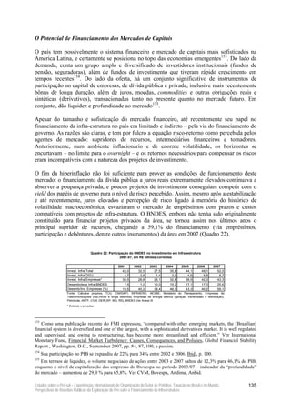 O Potencial de Financiamento dos Mercados de Capitais

O país tem possivelmente o sistema financeiro e mercado de capitais mais sofisticados na
América Latina, e certamente se posiciona no topo das economias emergentes153. Do lado da
demanda, conta um grupo amplo e diversificado de investidores institucionais (fundos de
pensão, seguradoras), além de fundos de investimento que tiveram rápido crescimento em
tempos recentes154. Do lado da oferta, há um conjunto significativo de instrumentos de
participação no capital de empresas, de dívida pública e privada, inclusive mais recentemente
bônus de longa duração, além de juros, moedas, commodities e outras obrigações reais e
sintéticas (derivativos), transacionadas tanto no presente quanto no mercado futuro. Em
conjunto, dão liquidez e profundidade ao mercado155.

Apesar do tamanho e sofisticação do mercado financeiro, até recentemente seu papel no
financiamento da infra-estrutura no país era limitado e indireto – pela via do financiamento do
governo. As razões são claras, e tem por fulcro a equação risco-retorno como percebida pelos
agentes de mercado: supridores de recursos, intermediários financeiros e tomadores.
Anteriormente, num ambiente inflacionário e de enorme volatilidade, os horizontes se
encurtavam – no limite para o overnight – e os retornos necessários para compensar os riscos
eram incompatíveis com a natureza dos projetos de investimento.

O fim da hiperinflação não foi suficiente para prover as condições de funcionamento deste
mercado: o financiamento da dívida pública a juros reais extremamente elevados continuava a
absorver a poupança privada, e poucos projetos de investimento conseguiam competir com o
yield dos papéis de governo para o nível de risco percebido. Assim, mesmo após a estabilização
e até recentemente, juros elevados e percepção de risco ligado à memória do histórico de
volatilidade macroeconômica, esvaziaram o mercado de empréstimos com prazos e custos
compatíveis com projetos de infra-estrutura. O BNDES, embora não tenha sido originalmente
constituído para financiar projetos privados da área, se tornou assim nos últimos anos o
principal supridor de recursos, chegando a 59,1% do financiamento (via empréstimos,
participação e debêntures, dentre outros instrumentos) da área em 2007 (Quadro 22).


                                        Quadro 22: Participação do BNDES no Investimento em Infra-estrutura
                                                          2001-07, em R$ bilhões correntes

                                                          2001       2002        2003        2004       2005        2006       2007
                     Invest. Infra Total                    43,0       32,5        27,5        35,8       44,1        49,1       52,0
                     Invest. Infra OGU                       4,7        3,8         1,4         3,0        4,6         6,8        8,7
                     Invest. Infra Empresas*                38,5       28,8        26,1        32,8       39,5        42,3       43,3
                     Desembolsos Infra-BNDES                 7,5        1,0        10,0        15,2       17,1        17,0       25,6
                     Desemb/Inv. Empresas (%)               19,5       45,2        38,4        46,3       43,3        40,2       59,1
                     Fonte: Cálculos próprios, TCU, CNI/SIAFI, INFRAERO, AESBE, Ministério do Planejamento, Empresas de
                     Telecomunicações (fixo,móvel e longa distância) Empresas de energia elétrica (geração, transmissão e distribuição),
                     Petrobrás, ANTF, CVM, DER (SP, MG, RS), BNDES.Ver Anexo III.
                     * Estatais e privadas.




153
    Como uma publicação recente do FMI expressou, “compared with other emerging markets, the [Brazilian]
financial system is diversified and one of the largest, with a sophisticated derivatives market. It is well regulated
and supervised, and owing to restructuring, has become more streamlined and efficient.” Ver International
Monetary Fund, Financial Market Turbulence: Causes, Consequences, and Policies, Global Financial Stability
Report , Washington, D.C., September 2007, pp. 84, 87, 100, e passim.
154
      Sua participação no PIB se expandiu de 22% para 34% entre 2002 e 2006. Ibid., p. 100.
155
   Em termos de liquidez, o volume negociado de ações entre 2003 e 2007 saltou de 12,3% para 46,1% do PIB,
enquanto o nível de capitalização das empresas do Ibovespa no período 2003/07 – indicador da “profundidade”
do mercado – aumentou de 29,0 % para 65,8%. Ver CVM, Bovespa, Andima, Anbid.

Estudos sobre o Pré-sal – Experiências Internacionais de Organização do Setor de Petróleo, Taxação no Brasil e no Mundo,                   135
Perspectivas de Receitas Públicas da Exploração do Pré-sal e o Financiamento da Infra-estrutura
 