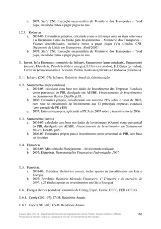 c.     2007: Siafi/ CNI. Execução orçamentária do Ministério dos Transportes – Total
               pago, incluindo restos a pagar pagos no ano

I.2.5. Rodovias
      a. 2001-06: Estimativas próprias, calculado como a diferença entre os itens anteriores
         e o Orçamento Geral da União para Investimentos – Ministério dos Transportes –
         Valores desembolsados, inclusive restos a pagar pagos (Ver Coinfra/ CNI.
         Orçamento da União em Transportes. Abril/2007)
      b. 2007: Siafi/ CNI. Execução orçamentária do Ministério dos Transportes – Total
         pago, incluindo restos a pagar pagos no ano

II. Invest. Infra Empresas: somatório de Infraero, Saneamento (empr.estaduais), Saneamento
    (outros), Eletrobrás, Petrobrás (Gás e energia), E.Elétrica (estados), E.Elétrica (privados),
    Ferrovias (concessionárias), Telecom, Portos, Rodovias (privados) e Rodovias (estaduais)

II.1. Infraero (2001-07): Infraero. Relatório Anual da Administração

II.2. Saneamento (empr.estaduais)
      a. 2001-05: calculado com base nos dados de Investimento das Empresas Estaduais
          como percentual do PIB, divulgado em AESBE. Financiamento de Investimentos
          em Saneamento Básico. Dez/06, p.05.
      b. 2006: Estimativa própria, considerando um aumento 28% sobre o valor de 2005,
          com base no crescimento do investimento das 13 principais empresas estaduais
          (com exceção de PE e ES)
      c. 2007: Estimativa própria, aplicando o IPCA de 2007 sobre o investimento de 2006

II.3. Saneamento (outros)
      a. 2001-05: calculado com base nos dados de Investimento (Outros) como percentual
          do PIB, divulgado em AESBE. Financiamento de Investimentos em Saneamento
          Básico. Dez/06, p.05.
      b. 2006-07: Estimativa própria para o investimento como percentual do PIB, com base
          no histórico

II.4. Eletrobrás
      a. 2001-06: Ministério do Planejamento – Investimento realizado
      b. 2007: Eletrobrás. Demonstrações Financeiras Padronizadas 2007



II.5. Petrobrás:
      a. 2001-06: Petrobrás. Relatórios anuais, inclui apenas os investimentos em Gás e
          Energia
      b. 2007: Petrobrás. Relatório Mercado Financeiro, 4º Trimestre e do exercício de
          2007. p.23 (inclui apenas os investimentos em Gás e Energia)

II.6. Energia elétrica (estados): somatório de Cemig, Copel, Celesc, CEEE, CEB e CELG

II.6.1. Cemig (2001-07): CVM. Relatórios Anuais

II.6.2. Copel (2001-07): CVM. Relatórios Anuais

Estudos sobre o Pré-sal – Experiências Internacionais de Organização do Setor de Petróleo, Taxação no Brasil e no Mundo,   152
Perspectivas de Receitas Públicas da Exploração do Pré-sal e o Financiamento da Infra-estrutura
 