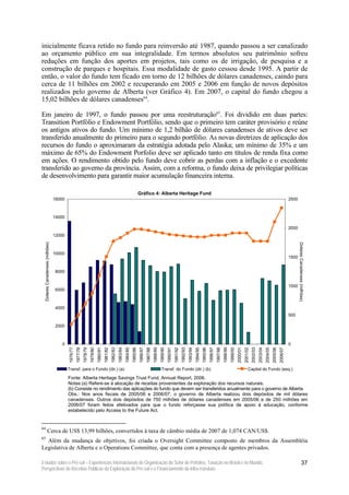 inicialmente ficava retido no fundo para reinversão até 1987, quando passou a ser canalizado
ao orçamento público em sua integralidade. Em termos absolutos seu patrimônio sofreu
reduções em função dos aportes em projetos, tais como os de irrigação, de pesquisa e a
construção de parques e hospitais. Essa modalidade de gasto cessou desde 1995. A partir de
então, o valor do fundo tem ficado em torno de 12 bilhões de dólares canadenses, caindo para
cerca de 11 bilhões em 2002 e recuperando em 2005 e 2006 em função de novos depósitos
realizados pelo governo de Alberta (ver Gráfico 4). Em 2007, o capital do fundo chegou a
15,02 bilhões de dólares canadenses64.

Em janeiro de 1997, o fundo passou por uma reestruturação65. Foi dividido em duas partes:
Transition Portfólio e Endowment Portfólio, sendo que o primeiro tem caráter provisório e reúne
os antigos ativos do fundo. Um mínimo de 1,2 bilhão de dólares canadenses de ativos deve ser
transferido anualmente do primeiro para o segundo portfólio. As novas diretrizes de aplicação dos
recursos do fundo o aproximaram da estratégia adotada pelo Alaska; um mínimo de 35% e um
máximo de 65% do Endowment Porfolio deve ser aplicado tanto em títulos de renda fixa como
em ações. O rendimento obtido pelo fundo deve cobrir as perdas com a inflação e o excedente
transferido ao governo da província. Assim, com a reforma, o fundo deixa de privilegiar políticas
de desenvolvimento para garantir maior acumulação financeira interna.

                                                                                                                                              Gráfico 4: Alberta Heritage Fund
                                 16000                                                                                                                                                                                                                                                                                                                          2500



                                 14000

                                                                                                                                                                                                                                                                                                                                                                2000
                                 12000
  Dolares Canadenses (milhões)




                                                                                                                                                                                                                                                                                                                                                                       Dolares Canadenses (milhões)
                                 10000
                                                                                                                                                                                                                                                                                                                                                                1500


                                  8000


                                                                                                                                                                                                                                                                                                                                                                1000
                                  6000



                                  4000
                                                                                                                                                                                                                                                                                                                                                                500

                                  2000



                                    0                                                                                                                                                                                                                                                                                                                           0
                                          1976/77
                                                    1977/78
                                                              1978/79
                                                                        1979/80
                                                                                  1980/81
                                                                                            1981/82
                                                                                                      1982/83
                                                                                                                1983/84
                                                                                                                          1984/85
                                                                                                                                    1985/86
                                                                                                                                              1986/87
                                                                                                                                                        1987/88
                                                                                                                                                                  1988/89
                                                                                                                                                                            1989/90
                                                                                                                                                                                      1990/91
                                                                                                                                                                                                1991/92
                                                                                                                                                                                                          1992/93
                                                                                                                                                                                                                    1993/94
                                                                                                                                                                                                                              1994/95
                                                                                                                                                                                                                                        1995/96
                                                                                                                                                                                                                                                  1996/97
                                                                                                                                                                                                                                                            1997/98
                                                                                                                                                                                                                                                                      1998/99
                                                                                                                                                                                                                                                                                1999/00
                                                                                                                                                                                                                                                                                          2000/01
                                                                                                                                                                                                                                                                                                    2001/02
                                                                                                                                                                                                                                                                                                              2002/03
                                                                                                                                                                                                                                                                                                                        2003/04
                                                                                                                                                                                                                                                                                                                                  2004/05
                                                                                                                                                                                                                                                                                                                                            2005/06
                                                                                                                                                                                                                                                                                                                                                      2006/07




                                         Transf. para o Fundo (dir.) (a)                                                                                                     Transf. do Fundo (dir.) (b)                                                                                                 Capital do Fundo (esq.)

                                         Fonte: Alberta Heritage Savings Trust Fund, Annual Report, 2006.
                                         Notas:(a) Refere-se à alocação de receitas provenientes da exploração dos recursos naturais.
                                         (b) Consiste no rendimento das aplicações do fundo que devem ser transferidos anualmente para o governo de Alberta.
                                         Obs.: Nos anos fiscais de 2005/06 e 2006/07, o governo de Alberta realizou dois depósitos de mil dólares
                                         canadenses. Outros dois depósitos de 750 milhões de dólares canadenses em 2005/06 e de 250 milhões em
                                         2006/07 foram feitos efetivados para que o fundo reforçasse sua política de apoio à educação, conforme
                                         estabelecido pelo Access to the Future Act.


64
              Cerca de US$ 13,99 bilhões, convertidos à taxa de câmbio média de 2007 de 1,074 CAN/US$.
65
  Além da mudança de objetivos, foi criada o Oversight Committee composto de membros da Assembléia
Legislativa de Alberta e o Operations Committee, que conta com a presença de agentes privados.

Estudos sobre o Pré-sal – Experiências Internacionais de Organização do Setor de Petróleo, Taxação no Brasil e no Mundo,                                                                                                                                                                                                                                                            37
Perspectivas de Receitas Públicas da Exploração do Pré-sal e o Financiamento da Infra-estrutura
 