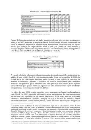 Tabela 7: Rússia – Indicadores Selecionados (em % PIB)

                                                                                                  2001      2002       2003     2004     2005
                     Taxa crescimento real PIB                                                       5,1       4,7        7,3      7,2      6,4
                     Receitas do Governo                                                           37,3      37,6       36,3     36,8     40,0
                       Receitas do Petroleo                                                          6,0       5,7        6,0      9,2    14,0
                     Gastos do Governo                                                             34,6      37,0       34,9     31,9     31,9
                       Gastos primários                                                            31,9      34,9       33,0     30,5     30,8
                     Resultado Geral do Governo                                                      2,7       0,6        1,4      4,9      8,1
                       Resultado primário                                                            5,4       2,7        3,3      6,3      9,2
                       Resultado primário exceto setor petrolífero                                  -0,6      -3,1       -2,7     -3,0     -4,8
                     Memo
                     Preço do petróleo em US$ (a)                                                  23,0      23,5       27,3      34,3    49,9
                     Preço do petróleo considerado para orçamento (em US$)                         19,0      22,4       24,1      20,0    26,0
                     Fonte: FMI (2006a e 2006b).
                     Notas: (a) Média anual do preço do barril de petróleo do tipo Urals Blend.




Apesar do bom desempenho da atividade, alguns gargalos de infra-estrutura começaram a
aparecer um 2005, sobretudo na ampliação da rede de distribuição. Ademais a manutenção do
ritmo de expansão da produção exigiria novos investimentos, desincentivados em alguma
medida pela elevação da carga tributaria sobre o setor (ver Quadro 3). Dessa maneira, a
evolução do preço internacional do petróleo passou a ser determinante para o desempenho do
setor desde então (OOMES & KALCHEVA, 2007) (ver Tabela 8).


                                                   Tabela 8: Rússia – Produção Industrial Bruta
                                                               (crescimento % a.a.)

                                                                                                   2003       2004       2005
                                     Total Indústria                                                  8,9        8,3        4,0
                                     Mineração e extração de recursos naturais                        8,7        6,8        1,3
                                     Manufaturados                                                   10,3       10,5        5,7
                                     Produção e oferta de eletricidade, gás e água                    3,3        1,3        1,2
                                     Fonte: FMI (2006b).




A elevada tributação sobre as atividades relacionadas à extração de petróleo e gás natural e a
adoção de uma política fiscal de corte mais conservador desde a crise cambial de 1998 têm
evitado taxas de crescimento doméstico mais elevadas, o que poderia se converter em
pressões inflacionárias. Ademais, a formação de reservas internacionais pela autoridade
monetária tem permitido que o rublo não sofra uma apreciação mais intensa. Esses aspectos
têm colaborado para que os efeitos da expansão do setor petrolífero não sejam transferidos
integralmente à economia doméstica (FMI, 2006a).

No início dos anos 1990, o setor energético russo passou por profundas transformações de
corte liberal. Em 1992, o governo iniciou processo de realinhamento dos preços doméstico e
internacional para o petróleo e o gás natural. Levou cerca de 18 meses para que os diversos
controles – administrativos, restrição à margem de lucro e alocação das receitas – fossem
totalmente removidos. Nesse mesmo período, foram realizadas privatizações66 integrais ou

66
   A reforma incluiu a obtenção do status de independência legal para as oito empresas estatais do setor
(McPherson, 1996). Entre 1991 e 1995, as produtoras e refinarias foram reunidas em 10 joint stock companies,
combinando participação privada e estatal; 4 companhias com autonomia e 1 de propriedade integral do Estado
(Rosneft). Dentre as 10 joint stock companies, 3 foram inicialmente formadas como companhias integradas
verticalmente: LUKoil, Surgut Holding e Yukos. Em 1994, criaram-se mais 6 empresas dentro da mesma
perspectiva: Sidanco, Slavneft, VNK, e ONACO e depois as empresas Rosnaft e TNK. Em 1995, uma última
empresa foi formada, a Sibneft. Quando da estruturação dessas empresas, o governo manteve 38% do total das
ações das empresas e 51% das ações ordinárias. A partir de 1996, o governo reduziu sua participação nessas

Estudos sobre o Pré-sal – Experiências Internacionais de Organização do Setor de Petróleo, Taxação no Brasil e no Mundo,                          39
Perspectivas de Receitas Públicas da Exploração do Pré-sal e o Financiamento da Infra-estrutura
 
