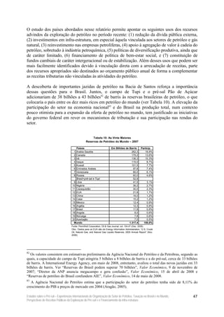 O estudo dos países abordados nesse relatório permite apontar os seguintes usos dos recursos
advindos da exploração do petróleo no período recente: (1) redução da dívida pública externa,
(2) investimentos em infra-estrutura, em especial àquela vinculada aos setores de petróleo e gás
natural, (3) reinvestimento nas empresas petrolíferas, (4) apoio à agregação de valor à cadeia do
petróleo, sobretudo à indústria petroquímica, (5) políticas de diversificação produtiva, ainda que
de caráter limitado, (6) financiamento de política de bem-estar social, e (7) constituição de
fundos cambiais de caráter intergeracional ou de estabilização. Além desses usos que podem ser
mais facilmente identificados devido à vinculação direta com a arrecadação de receitas, parte
dos recursos apropriados são destinados ao orçamento público anual de forma a complementar
as receitas tributarias não vinculadas às atividades do petróleo.

A descoberta de importantes jazidas de petróleo na Bacia de Santos reforça a importância
dessas questões para o Brasil. Juntos, o campo de Tupi e o pré-sal Pão de Açúcar
adicionariam de 38 bilhões a 43 bilhões82 de barris às reservas brasileiras de petróleo, o que
colocaria o país entre os dez mais ricos em petróleo do mundo (ver Tabela 10). A elevação da
participação do setor na economia nacional83 e do Brasil na produção total, num contexto
pouco otimista para a expansão da oferta de petróleo no mundo, tem justificado as iniciativas
do governo federal em rever os mecanismos de tributação e sua participação nas rendas do
setor.


                                                       Tabela 10: As Vinte Maiores
                                                  Reservas de Petróleo do Mundo – 2007

                                         Paises                           Em Bilhões de Barris        Particip.
                                       1 Arabia Saudita                                   262,3          19,9%
                                       2 Canada                                           179,2          13,6%
                                       3 Irã                                              136,3          10,3%
                                       4 Iraque                                           115,0            8,7%
                                       5 Kuwait                                           101,5            7,7%
                                       6 Emirados Arabes                                   97,8            7,4%
                                       7 Venezuela                                         80,0            6,1%
                                       8 Russia                                            60,0            4,6%
                                         Brasil+pré-sal e Tupi                             52,8
                                       9 Libia                                             41,5            3,1%
                                      10 Nigéria                                           36,2            2,7%
                                      11 Cazaquistão                                       30,0            2,3%
                                      12 EUA                                               21,8            1,7%
                                      13 China                                             16,0            1,2%
                                      14 Catar                                             15,2            1,2%
                                      15 México                                            12,4            0,9%
                                      16 Argélia                                           12,3            0,9%
                                      17 Brasil                                            11,8            0,9%
                                      18 Angola                                             8,0            0,6%
                                      19 Noruega                                            7,8            0,6%
                                      20 Azerbajão                                          7,0            0,5%
                                       Mundo                                            1.317,4          100,0%
                                     Fonte: PennWell Corporation, Oil & Gas Journal, vol. 104.47 (Dez. 2006).
                                     Obs.: Dados para os EUA são da Energy Information Administration, “U.S. Crude
                                     Oil, Natural Gas, and Natural Gas Liquids Reserves, 2005 Annual Report” (Nov.
                                     2006).




82
   Os valores consistem em estimativas preliminares da Agência Nacional do Petróleo e da Petrobras, segundo as
quais, a capacidade do campo de Tupi atingiria 5 bilhões a 8 bilhões de barris e a do pré-sal, cerca de 33 bilhões
de barris. A International Energy Agency, em maio de 2008, entretanto, avaliou o total das novas jazidas em 33
bilhões de barris. Ver “Reservas do Brasil podem superar 70 bilhões”, Valor Econômico, 9 de novembro de
2007; “Diretor da ANP anuncia megacampo e gera confusão”, Valor Econômico, 15 de abril de 2008 e
“Reservas de petróleo do Brasil confundem AIE”, Valor Econômico, 14 de maio de 2008.
83
   A Agência Nacional do Petróleo estima que a participação do setor do petróleo tenha sido de 8,11% do
crescimento do PIB a preços de mercado em 2004 (Aragão, 2005).

Estudos sobre o Pré-sal – Experiências Internacionais de Organização do Setor de Petróleo, Taxação no Brasil e no Mundo,   47
Perspectivas de Receitas Públicas da Exploração do Pré-sal e o Financiamento da Infra-estrutura
 