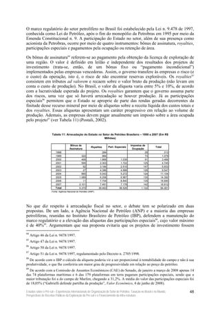 O marco regulatório do setor petrolífero no Brasil foi estabelecido pela Lei n. 9.478 de 1997,
conhecida como Lei do Petróleo, após o fim do monopólio da Petrobras em 1995 por meio da
Emenda Constitucional n. 9. A participação do Estado no setor, além de sua presença como
acionista da Petrobras, ocorre por meio de quatro instrumentos: bônus de assinatura, royalties,
participações especiais e pagamentos pela ocupação ou retenção de área.

Os bônus de assinatura84 referem-se ao pagamento pela obtenção da licença de exploração de
uma região. O valor é definido em leilão e independente dos resultados dos projetos de
investimento (trata-se, então, de um bônus fixo ou “pagamento incondicional”)
implementados pelas empresas vencedoras. Assim, o governo transfere às empresas o risco (e
o custo) da operação, isto é, o risco de não encontrar reservas exploráveis. Os royalties85
consistem em tributos ad valorem e recaem sobre o valor bruto da produção (não levam em
conta o custo de produção). No Brasil, o valor da alíquota varia entre 5% e 10%, de acordo
com a lucratividade esperada do projeto. Os royalties garantem que o governo assuma parte
dos riscos, uma vez que só haverá arrecadação se houver produção. Já as participações
especiais86 permitem que o Estado se aproprie de parte das rendas geradas decorrentes da
finitude desse recurso mineral por meio de alíquotas sobre a receita líquida dos custos totais e
dos royalties. Essas alíquotas apresentam um caráter progressivo em relação ao volume de
produção. Ademais, as empresas devem pagar anualmente um imposto sobre a área ocupada
pelo projeto87 (ver Tabela 11) (Postali, 2002).


                      Tabela 11: Arrecadação do Estado no Setor de Petróleo Brasileiro – 1998 a 2007 (Em R$
                                                           Milhões)

                                      Bônus de                                               Impostos de
                                                           Royalties       Part. Especiais                     Total
                                      Assinatura                                              Ocupação
                         1998                                        284                                29            313
                         1999                     322                984                                73          1.379
                         2000                     468              1.868             1.039              91          3.466
                         2001                     595              2.303             1.722             125          4.745
                         2002                      92              3.184             2.510             147          5.933
                         2003                      27              4.396             4.998             126          9.547
                         2004                     665              5.043             5.272             124         11.104
                         2005                   1.089              6.206             6.967             130         14.392
                         2006                      11              7.704             8.840             135         16.690
                         2007                   2.101              7.491             7.178             142         16.912
                         Total                  5.370             39.463            38.526           1.122         84.481
                     Fonte: Agência Nacional do Petróleo (ANP).




No que diz respeito à arrecadação fiscal no setor, o debate tem se polarizado em duas
propostas. De um lado, a Agência Nacional do Petróleo (ANP) e a maioria das empresas
petrolíferas, reunidas no Instituto Brasileiro de Petróleo (IBP), defendem a manutenção do
marco regulatório e a elevação das alíquotas das participações especiais88, cujo valor máximo
é de 40%89. Argumentam que sua proposta evitaria que os projetos de investimento fossem
84
     Artigo 46 da Lei n. 9478/1997.
85
     Artigo 47 da Lei n. 9478/1997.
86
     Artigo 50 da Lei n. 9478/1997.
87
     Artigo 51 da Lei n. 9478/1997, regulamentado pelo Decreto n. 2705/1998.
88
  De acordo com o IBP o cálculo da alíquota poderia vir a ser proporcional à rentabilidade do campo e não à sua
produtividade, o que lhe conferiria um maior grau de progressividade em relação ao preço do petróleo.
89
  De acordo com a Comissão de Assuntos Econômicos (CAE) do Senado, de janeiro a março de 2008 apenas 14
das 74 plataformas marítimas e 6 das 179 plataformas em terra pagaram participações especiais, sendo que a
maior tributação foi a do campo de Marlim, chegando a 31,2%. A média do valor das participações especiais foi
de 18,05% (“Gabrielli defende partilha da produção”, Valor Econômico, 4 de junho de 2008).

Estudos sobre o Pré-sal – Experiências Internacionais de Organização do Setor de Petróleo, Taxação no Brasil e no Mundo,    48
Perspectivas de Receitas Públicas da Exploração do Pré-sal e o Financiamento da Infra-estrutura
 