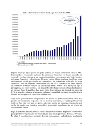 Gráfico 8: Contratos Futuros (Volume Anual) - Light, Sweet Crude Oil - NYMEX
 170.000.000

 160.000.000
                                                                                                                                                         Entre 2003-2008,
 150.000.000
                                                                                                                                                       aumento estimado em
 140.000.000                                                                                                                                                   210%

 130.000.000

 120.000.000

 110.000.000

 100.000.000

  90.000.000

  80.000.000

  70.000.000

  60.000.000

  50.000.000

  40.000.000

  30.000.000

  20.000.000

  10.000.000

             0
                 1983

                        1984

                               1985

                                      1986

                                             1987

                                                    1988

                                                           1989

                                                                  1990

                                                                         1991

                                                                                1992

                                                                                       1993

                                                                                              1994

                                                                                                     1995

                                                                                                            1996

                                                                                                                   1997

                                                                                                                          1998

                                                                                                                                 1999

                                                                                                                                        2000

                                                                                                                                               2001

                                                                                                                                                      2002

                                                                                                                                                             2003

                                                                                                                                                                    2004

                                                                                                                                                                           2005

                                                                                                                                                                                  2006

                                                                                                                                                                                         2007

                                                                                                                                                                                                2008*

                                                                                                                                                                                                        2008**
           Fonte: NYMEX.
           * Dado consolidado referente ao período ente janeiro e junho de 2008
           ** Estimativa do total em 2008




Importa notar que desde janeiro até julho corrente, os preços aumentaram cerca de 45%.
Comparando os rendimentos auferidos das aplicações financeiras em fundos ancorados na
commodity petróleo, observa-se que o retorno registrado é extremamente alto vis-à-vis outras
aplicações financeiras realizados em diferentes países. Muitos analistas identificam neste
movimento de corrida para fundos de commodities, um processo de realocação de ativos
oriundo da “crise dos subprime” ocorrida em 2007 nos EUA. Este texto não tem o objetivo
de identificar eventuais relações de causalidade destes eventos. Mas reforça-se aqui a
percepção de que o movimento de alta do petróleo não obedece unicamente aos fundamentos
do mercado físico de petróleo; dado que o ritmo de crescimento da demanda de menos de
1,5% ao ano não explicaria tal aumento, ainda que a capacidade excedente de produção seja
limitada no curto prazo, tal como mencionado acima.

Além disso, qualquer exame dos patamares dos preços não pode desconsiderar o fato de o
petróleo ser um recurso originário, em sua maioria atualmente, de regiões politicamente
instáveis. Isso faz com que seu preço seja mais sujeito às mudanças imprevistas por
oscilar de acordo com o cenário geopolítico, acarretando na cobrança de um prêmio de
risco maior ou menor.

Logo, as estruturas de curto prazo da oferta e da demanda mundiais de petróleo favorecem os
países produtores/exportadores por possibilitarem uma maior apropriação da renda petrolífera.
Na tabela 8, encontram-se os montantes de renda extraordinária – definida como aquela parte


Estudos sobre o Pré-sal – Experiências Internacionais de Organização do Setor de Petróleo, Taxação no Brasil e no Mundo,                                                                                  73
Perspectivas de Receitas Públicas da Exploração do Pré-sal e o Financiamento da Infra-estrutura
 