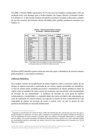 Em 2006, o Oriente Médio representava 57,5% das reservas mundiais comprovadas e 30% da
produção total, com destaque para a Arábia Saudita, Irã, Iraque, Kuwait e Emirados Árabes
(ver Quadro 1). A alta recente do preço do petróleo recolocou em pauta a discussão a respeito
do uso dos recursos provenientes dessas atividades pelos grandes produtores mundiais (ver
Gráfico 1).


                                             Quadro 1: Maiores Exportadores Líquidos
                                               de Petróleo – 2006 (em mil barris/dia)

                                                                                           % Prod
                           Rank          Pais           Exportação       Produção                         Exp/Prod
                                                                                           Mundial
                            1     Arabia Saudita                8.525          10.665          12,6%            79,9%
                            2     Russia                        6.866           9.677          11,4%            71,0%
                            3     Emirados Arabes               2.564           2.945           3,5%            87,1%
                            4     Noruega                       2.551           2.786           3,3%            91,6%
                            5     Irã                           2.462           4.148           4,9%            59,4%
                            6     Kuwait                        2.340           2.675           3,2%            87,5%
                            7     Venezuela                     2.183           2.803           3,3%            77,9%
                            8     Nigéria                       2.131           2.443           2,9%            87,2%
                            9     Argélia                       1.842           2.122           2,5%            86,8%
                            10    México                        1.710           3.707           4,4%            46,1%
                            11    Libia                         1.530           1.809           2,1%            84,6%
                            12    Iraque                        1.438           2.008           2,4%            71,6%
                            13    Angola                        1.379           1.435           1,7%            96,1%
                            14    Kazaquistão                   1.145           1.388           1,6%            82,5%
                            15    Catar                         1.032           1.141           1,3%            90,4%
                          Fonte: US Energy Information Administration (EIA) (http://www.eia.doe.gov).
                          Notas: (1) Valor obtido a partir da subtração do consumo interno da produção total.
                                 (2) Produção mundial total em 2006: 84,6 milhões de barris/dia.




Gylfason (2001) identifica quatro canais por meio dos quais a abundância de recursos naturais
pode prejudicar o crescimento econômico:

(1)Doença Holandesa

Esse modelo consiste no encadeamento de efeitos negativos sobre a economia a partir de um
choque de riqueza associada à exploração de um recurso natural encontrado em abundância.
A taxa de retorno dessa atividade provocaria a transferência de fatores produtivos (tanto de
capital como de trabalho) de outros setores da economia, cujo movimento seria acompanhado
de elevação de sua remuneração3. A tendência de elevação do nível geral de salários
comprometeria a rentabilidade e a competitividade das outras atividades não relacionadas ao
setor de exploração do recurso natural, em especial os setores de bens comercializáveis cuja
capacidade de repasse da elevação de custos é restrita, uma vez que os preços de seus
produtos são definidos no mercado internacional.



3
  Seguindo as contribuições de Corden & Neary (1982) são identificados dois mecanismos por meio dos quais a
doença holandesa se apresenta: movement effect, referindo-se à transferência de capital e trabalho em direção ao
setor de exploração do recurso natural e spending effect que enfatiza a aceleração inflacionária e a apreciação
real do câmbio. Um terceiro mecanismo foi desenvolvido posteriormente, spillover-loss effect referindo à perda
de externalidades positivas associadas aos demais setores de bens comercializáveis da economia (ver Torvik
2001, por exemplo).

Estudos sobre o Pré-sal – Experiências Internacionais de Organização do Setor de Petróleo, Taxação no Brasil e no Mundo,   4
Perspectivas de Receitas Públicas da Exploração do Pré-sal e o Financiamento da Infra-estrutura
 