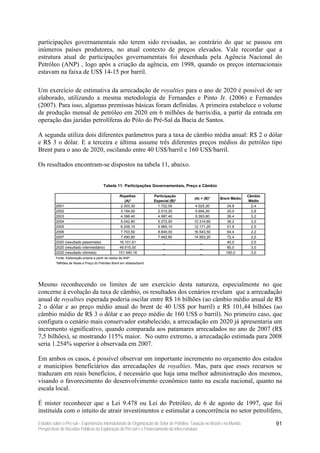 participações governamentais não terem sido revisadas, ao contrário do que se passou em
inúmeros países produtores, no atual contexto de preços elevados. Vale recordar que a
estrutura atual de participações governamentais foi desenhada pela Agência Nacional do
Petróleo (ANP) , logo após a criação da agência, em 1998, quando os preços internacionais
estavam na faixa de US$ 14-15 por barril.

Um exercício de estimativa da arrecadação de royalties para o ano de 2020 é possível de ser
elaborado, utilizando a mesma metodologia de Fernandes e Pinto Jr. (2006) e Fernandes
(2007). Para isso, algumas premissas básicas foram definidas. A primeira estabelece o volume
de produção mensal de petróleo em 2020 em 6 milhões de barris/dia, a partir da entrada em
operação das jazidas petrolíferas do Pólo do Pré-Sal da Bacia de Santos.

A segunda utiliza dois diferentes parâmetros para a taxa de câmbio média anual: R$ 2 o dólar
e R$ 3 o dólar. E a terceira e última assume três diferentes preços médios do petróleo tipo
Brent para o ano de 2020, oscilando entre 40 US$/barril e 160 US$/barril.

Os resultados encontram-se dispostos na tabela 11, abaixo.


                                           Tabela 11: Participações Governamentais, Preço e Câmbio

                                                     Royalties             Participação                                    Câmbio
                                                                                            (A) + (B)*     Brent Médio
                                                         (A)*              Especial (B)*                                    Médio
          2001                                         2.303,30              1.722,00        4.025,30          24,8          2,4
          2002                                         3.184,00              2.510,20        5.694,20          25,0          2,9
          2003                                         4.396,40              4.997,40        9.393,80          28,4          3,2
          2004                                         5.042,80              5.272,00       10.314,80          36,2          3,0
          2005                                         6.206,10              5.965,10       12.171,20          51,9          2,5
          2006                                         7.703,50              8.840,00       16.543,50          64,4          2,2
          2007                                         7.490,60              7.462,60       14.953,20          72,4          2,0
          2020 (resultado pessimista)                 16.101,61                 _               _              40,0          2,0
          2020 (resultado intermediário)              49.915,00                 _               _              80,0          3,0
          2020 (resultado otimista)                  101.440,16                 _               _             160,0          3,0
          Fonte: Elaboração própria a partir de dados da ANP.
          *Milhões de Reais e Preço do Petróleo Brent em dólares/barril.




Mesmo reconhecendo os limites de um exercício desta natureza, especialmente no que
concerne à evolução da taxa de câmbio, os resultados dos cenários revelam que a arrecadação
anual de royalties esperada poderia oscilar entre R$ 16 bilhões (ao câmbio médio anual de R$
2 o dólar e ao preço médio anual do brent de 40 US$ por barril) e R$ 101,44 bilhões (ao
câmbio médio de R$ 3 o dólar e ao preço médio de 160 US$ o barril). No primeiro caso, que
configura o cenário mais conservador estabelecido, a arrecadação em 2020 já apresentaria um
incremento significativo, quando comparada aos patamares arrecadados no ano de 2007 (R$
7,5 bilhões), se mostrando 115% maior. No outro extremo, a arrecadação estimada para 2008
seria 1.254% superior à observada em 2007.

Em ambos os casos, é possível observar um importante incremento no orçamento dos estados
e municípios beneficiários das arrecadações de royalties. Mas, para que esses recursos se
traduzam em reais benefícios, é necessário que haja uma melhor administração dos mesmos,
visando o favorecimento do desenvolvimento econômico tanto na escala nacional, quanto na
escala local.

É mister reconhecer que a Lei 9.478 ou Lei do Petróleo, de 6 de agosto de 1997, que foi
instituída com o intuito de atrair investimentos e estimular a concorrência no setor petrolífero,
Estudos sobre o Pré-sal – Experiências Internacionais de Organização do Setor de Petróleo, Taxação no Brasil e no Mundo,            91
Perspectivas de Receitas Públicas da Exploração do Pré-sal e o Financiamento da Infra-estrutura
 