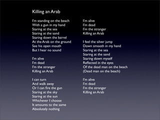 Killing an Arab
I'm standing on the beach
With a gun in my hand
Staring at the sea
Staring at the sand
Staring down the barrel
At the Arab on the ground
See his open mouth
But I hear no sound
I'm alive
I'm dead
I'm the stranger
Killing an Arab
I can turn
And walk away
Or I can ﬁre the gun
Staring at the sky
Staring at the sun
Whichever I choose
It amounts to the same
Absolutely nothing
I'm alive
I'm dead
I'm the stranger
Killing an Arab
I feel the silver jump
Down smooth in my hand
Staring at the sea
Staring at the sand
Staring down myself
Reﬂected in the eyes
Of the dead man on the beach
(Dead man on the beach)
I'm alive
I'm dead
I'm the stranger
Killing an Arab
 