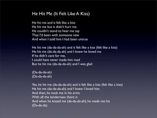 He Hit Me (It Felt Like A Kiss)
He hit me and it felt like a kiss
He hit me but it didn't hurt me
He couldn't stand to hear me say
That I'd been with someone new
And when I told him I had been untrue
He hit me (da-da-da-ah) and it felt like a kiss (felt like a kiss)
He hit me (da-da-da-ah) and I knew he loved me
If he didn't care for me,
I could have never made him mad
But he hit me (da-da-da-ah) and I was glad
(Da-da-da-ah)
(Da-da-da-ah)
Yes, he hit me (da-da-da-ah) and it felt like a kiss (felt like a kiss)
He hit me (da-da-da-ah) and I knew I loved him
And then, he took me in his arms
With all the tenderness there is
And when he kissed me (da-da-da-ah), he made me his
(Da-da-da)
 