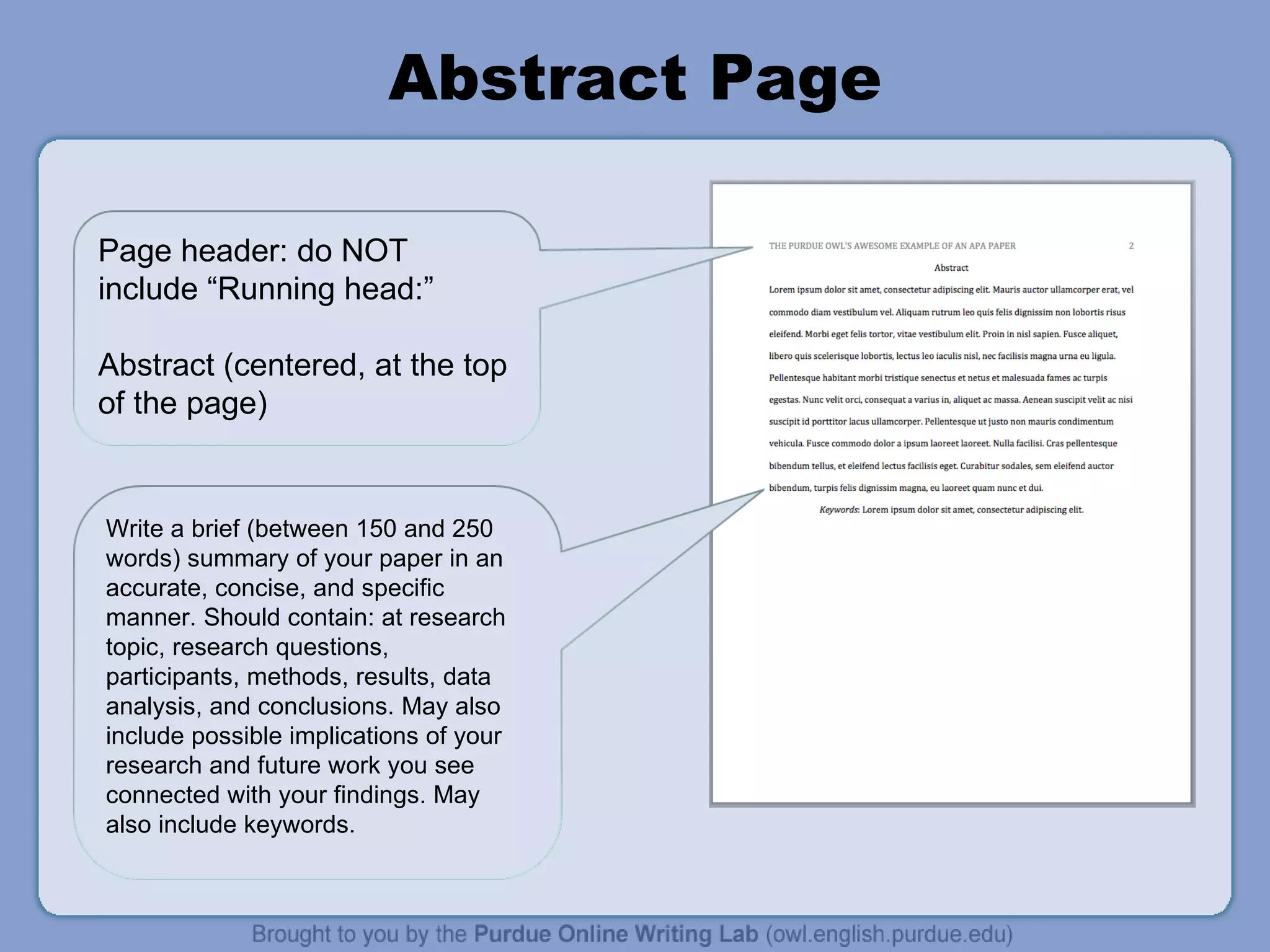 Abstract Page Page header: do NOT include “Running head:” Abstract (centered, at the top of the page) Write a brief (between 150 and 250 words) summary of your paper in an accurate, concise, and specific manner. Should contain: at research topic, research questions, participants, methods, results, data analysis, and conclusions. May also include possible implications of your research and future work you see connected with your findings. May also include keywords. 