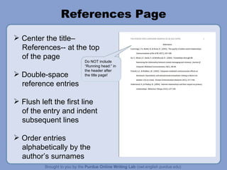 References Page Center the title–  References-- at the top of the page Double-space reference entries Flush left the first line of the entry and indent subsequent lines Order entries  alphabetically by the author’s surnames Do NOT include “Running head:” in the header after the title page! 