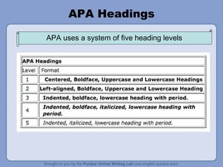 APA Headings APA uses a system of five heading levels 