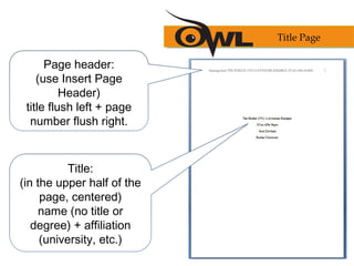 Title:
(in the upper half of the
page, centered)
name (no title or
degree) + affiliation
(university, etc.)
Page header:
(use Insert Page
Header)
title flush left + page
number flush right.
Title Page
 