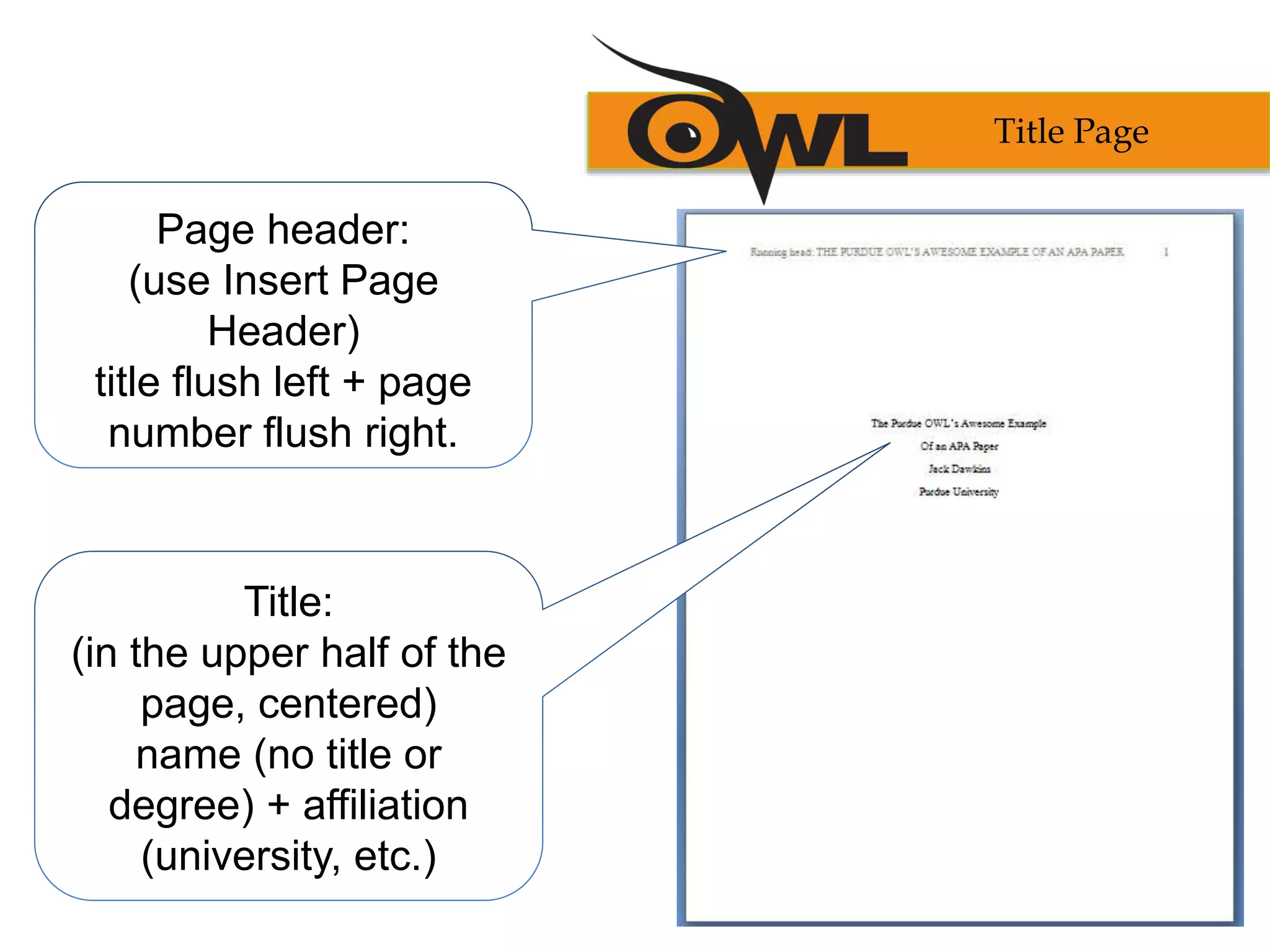 Title:
(in the upper half of the
page, centered)
name (no title or
degree) + affiliation
(university, etc.)
Page header:
(use Insert Page
Header)
title flush left + page
number flush right.
Title Page
 
