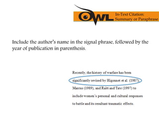 Include the author’s name in the signal phrase, followed by the
year of publication in parenthesis.
In-Text Citation:
Summary or Paraphrase
 