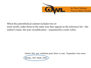 When the parenthetical citation includes two or
more works, order them in the same way they appear in the reference list—the
author’s name, the year of publication—separated by a semi-colon.
In-Text Citation:
Two or More Works
 
