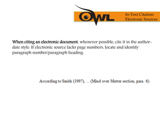 When citing an electronic document, whenever possible, cite it in the author-
date style. If electronic source lacks page numbers, locate and identify
paragraph number/paragraph heading.
In-Text Citation:
Electronic Sources
 