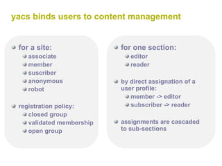 yacs binds users to content management for a site: associate member suscriber anonymous robot registration policy: closed group validated membership open group for one section: editor reader by direct assignation of a  user profile: member -> editor subscriber -> reader assignments are cascaded to sub-sections 