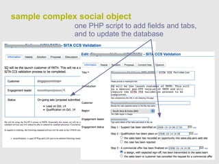 sample complex social object one PHP script to add fields and tabs, and to update the database 
