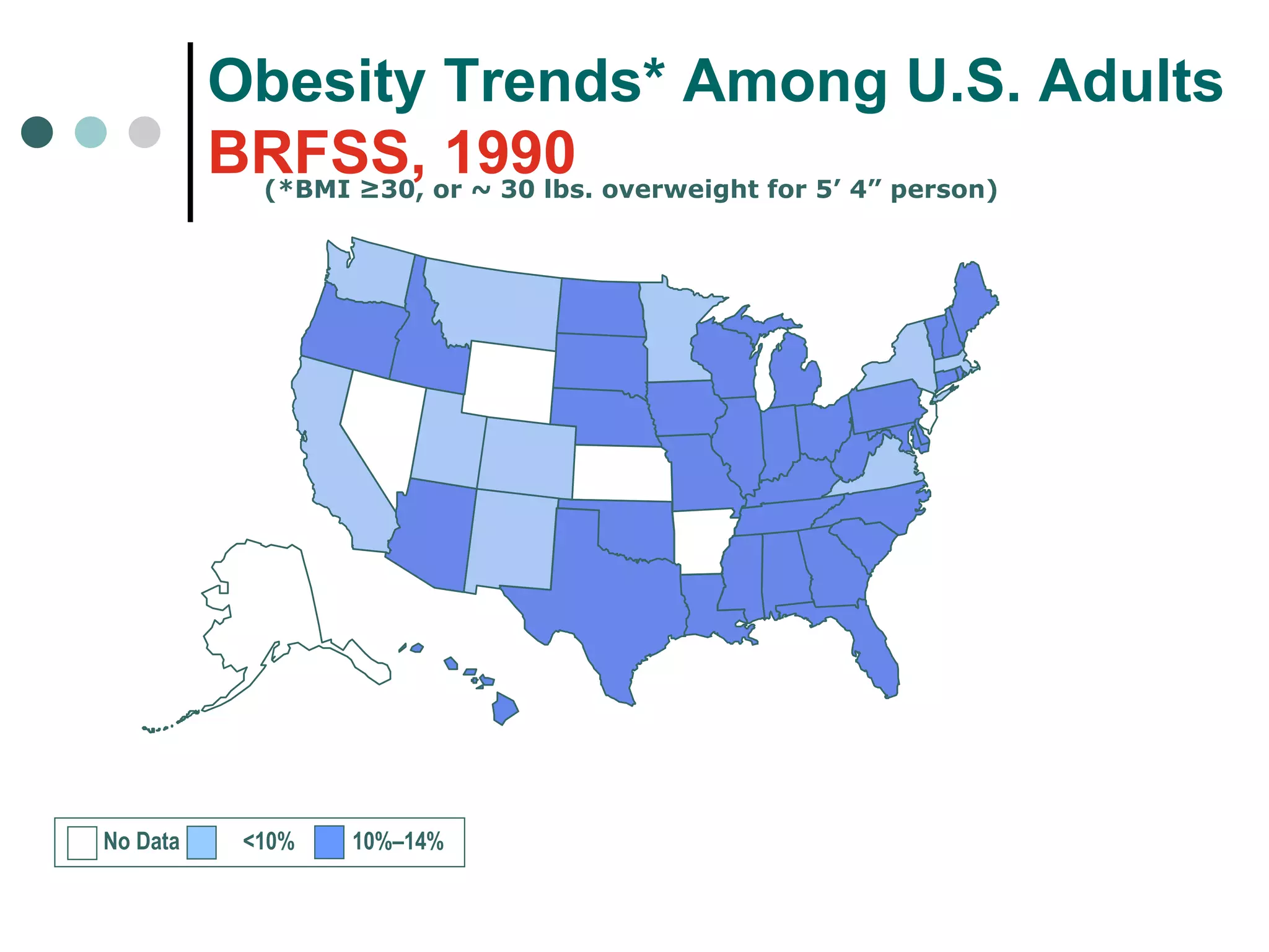 Obesity Trends* Among U.S. Adults BRFSS, 1990 (*BMI ≥30, or ~ 30 lbs. overweight for 5’ 4” person) No Data  <10%  10%–14% 