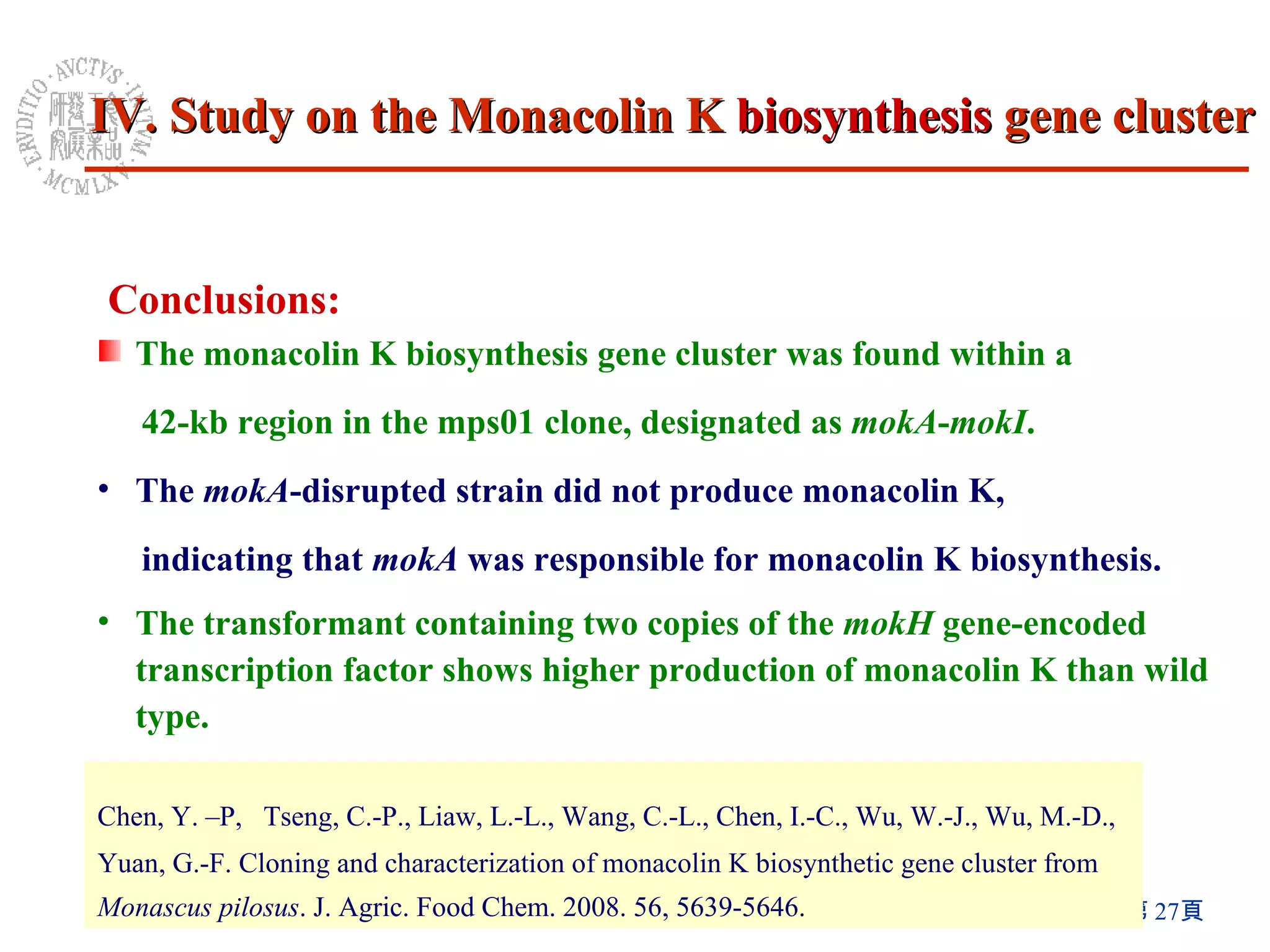 Conclusions: The monacolin K biosynthesis gene cluster was found within a  42-kb region in the mps01 clone, designated as  mokA - mokI . The  mokA -disrupted strain did not produce monacolin K,  indicating that  mokA  was responsible for monacolin K biosynthesis. The transformant containing two copies of the  mokH  gene-encoded transcription factor shows higher production of monacolin K than wild type.   Chen, Y. –P,   Tseng, C.-P., Liaw, L.-L., Wang, C.-L., Chen, I.-C., Wu, W.-J., Wu, M.-D., Yuan, G.-F. Cloning and characterization of monacolin K biosynthetic gene cluster from  Monascus pilosus . J. Agric. Food Chem. 2008. 56, 5639-5646. IV. Study on the Monacolin K  biosynthesis  gene cluster 