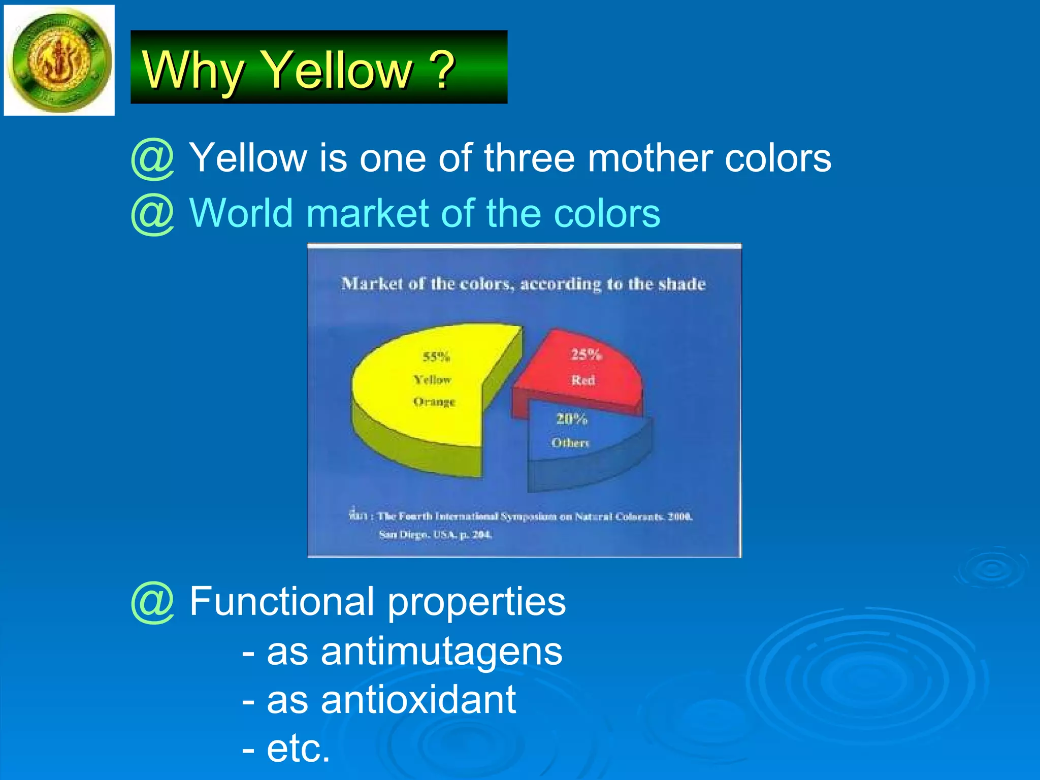 Why Yellow ? @  Yellow is one of three mother colors @  World market of the colors @  Functional properties - as antimutagens - as antioxidant - etc. 