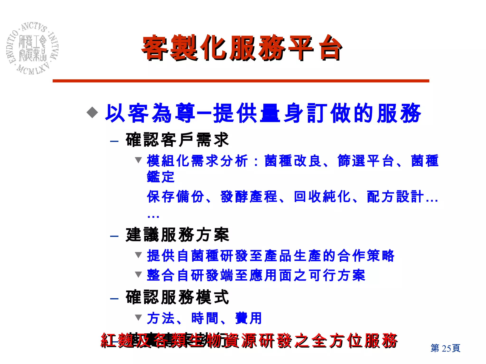 客製化服務平台 以客為尊─提供量身訂做的服務 確認客戶需求 模組化需求分析：菌種改良、篩選平台、菌種鑑定 保存備份、發酵產程、回收純化、配方設計…… 建議服務方案 提供自菌種研發至產品生產的合作策略 整合自研發端至應用面之可行方案 確認服務模式 方法、時間、費用 落實專案執行 紅麴及各類生物資源研發之全方位服務   