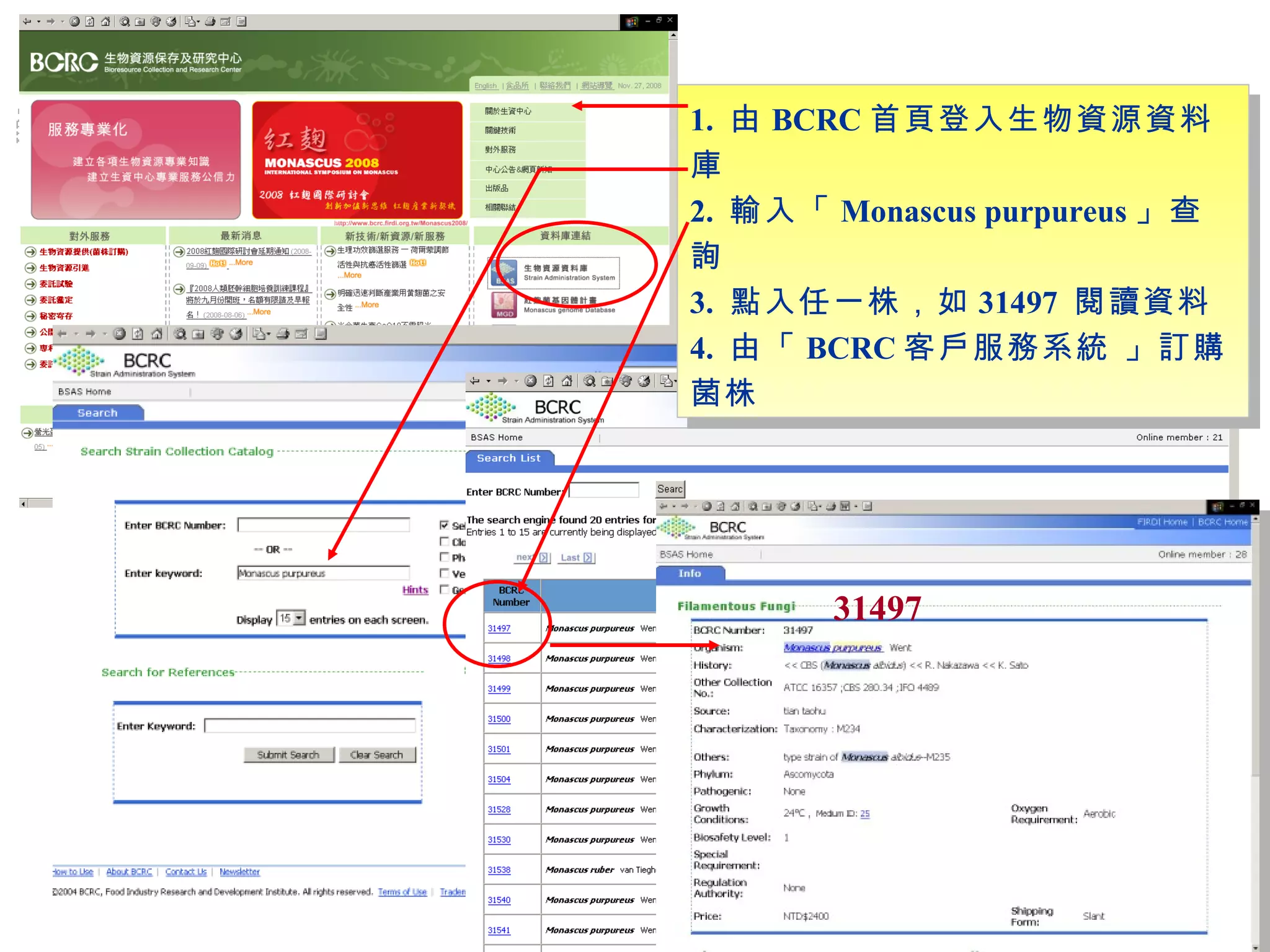 1.  由 BCRC 首頁登入生物資源資料庫  2.  輸入「 Monascus purpureus 」查詢 3.  點入任一株，如 31497  閱讀資料 4.  由「 BCRC 客戶服務系統 」訂購菌株 31497 