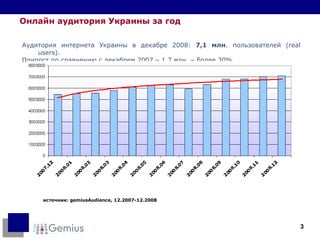источник :  gemiusAudience ,  12.2007-12 .2008 Онлайн аудитория Украины за год Аудитория интернета Украины в декабре 2008:  7 ,1 млн . пользователей ( real users ). Прирост по сравнению с декабрем 2007 – 1,7 млн. – более 30%. 
