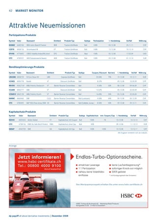 42  Market monitor

Attraktive Neuemissionen
Partizipations-Produkte
Symbol	Valor	

Basiswert	Emittent	

Produkt-Typ	

Subtyp	

Partizipation	

1. Handelstag	Verfall	Währung

BKBMZ	 4682184	

BKB metro Basel II Tracker	

BKB	

Tracker-Zertifikate	

Bull	

100%	

05.12.08	

25.11.11	

CHF

VZSTR	

4858126	

Strombasket III	

VT	

Tracker-Zertifikate	

Bull	

100%	

12.12.08	

10.12.10	

CHF

EFVXS	

4774692	

CBOE Volatility Index(VIX) short	

EFG	

Tracker-Zertifikate	

Bear	

100%	

05.12.08	

17.02.09	

USD

OTC	

4769557	

AKB Substanzwerte Basket	

AKB	

Tracker-Zertifikate	

Bull	

100%	

03.12.08	

01.12.10	

EUR

Renditeoptimierungs-Produkte
Symbol	Valor	

Basiswert	Emittent	

UB45BG	 4858193	

DJ Euro Stoxx 50	

UBS	

VCNES	 4850778	

Nestlé	

Subtyp	Coupon/Discount	 Barriere	

1. Handelstag	Verfall	Währung

Express-Zertifikate	

Bull	

19.12.08	

19.12.11	

EUR

VT	

Discount Zertifikate	

Bull	

8.37%		

05.12.08	

15.05.09	

CHF

REVDO	 45427181	 ABB/Holcim/Swisscom	

VT	

Barrier Reverse Convertibles	

Bull	

9.50%	

08.12.08	

09.06.09	

CHF

VCABN	 4850777	

ABB	

VT	

Discount-Zertifikate	

Bull	

12.67%		

05.12.08	

22.05.09	

CHF

VON8VV	 4862128	

ABB/Holcim/Zurich	

VT	

Barrier Reverse Convertibles	

Bull	

16.05%	

55%	

05.12.08	

22.05.09	

CHF

SMBRC	 4860460	

SMI	

CLEU	

Barrier Reverse Convertibles	

Bull (Lookback)	

9.00%	

69%	

09.12.08	

09.12.09	

CHF

OTC	

SP 500/Dow Jones/SMI	 CS	

Barrier Reverse Convertibles	

Bull (Callable, europ.)	

8.50%	

50%	

29.12.08	

29.12.11	

CHF

4785392	

Produkt-Typ	

23.00%	

75%	

50%	

Kapitalschutz-Produkte
Symbol	Valor	

Basiswert	Emittent	 Produkt-Typ	

Subtyp	Kaptitalschutz	 min. Coupon/Cap	 1. Handelstag	Verfall	Währung

RZCHX	

4692323	 Aktien Global	

OTC	

4738156	 DWS Go Safe BricX Protect	 DWS	

Kapitalschutz ohne Cap	

Bull	

SMIAP	

4542725	 SMI	

Kapitalschutz mit Cap	

Bull	

VT	

GS	

Kapitalschutz mit Coupon	 Bull	

100%	

1%	

10.12.08	

10.12.13	

CHF

90%		

09.12.08	

11.12.13	

EUR

10.12.08	

12.12.11	

CHF

100%	

120%	

									

Alle Angaben verstehen sich als indikativ

Anzeige

Jetzt informieren!

www.hsbc-zertifikate.ch
Tel.: 00800 4000 9100
Anruf kostenfrei

Endlos-Turbo-Optionsscheine.
attraktiver Leverage
1:1 Partizipation
nahezu keine Volatilitätseinflüsse

keine Laufzeitbegrenzung*
sofortiger Knock-out möglich
SWX gelistet
* mit Kündigungsrecht der Emittentin

Den Wertpapierprospekt erhalten Sie unter www.hsbc-zertifikate.ch

HSBC Trinkaus  Burkhardt AG Marketing Retail Products
Königsallee 21/23 D-40212 Düsseldorf

dp payoff all about derivative investments | Dezember 2008

 