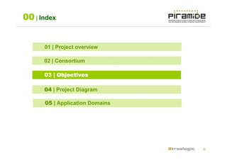 00 | Index


      01 | Project overview

      02 | Consortium

      03 | Objectives

      04 | Project Diagram

      05 | Application Domains




                                 6
 