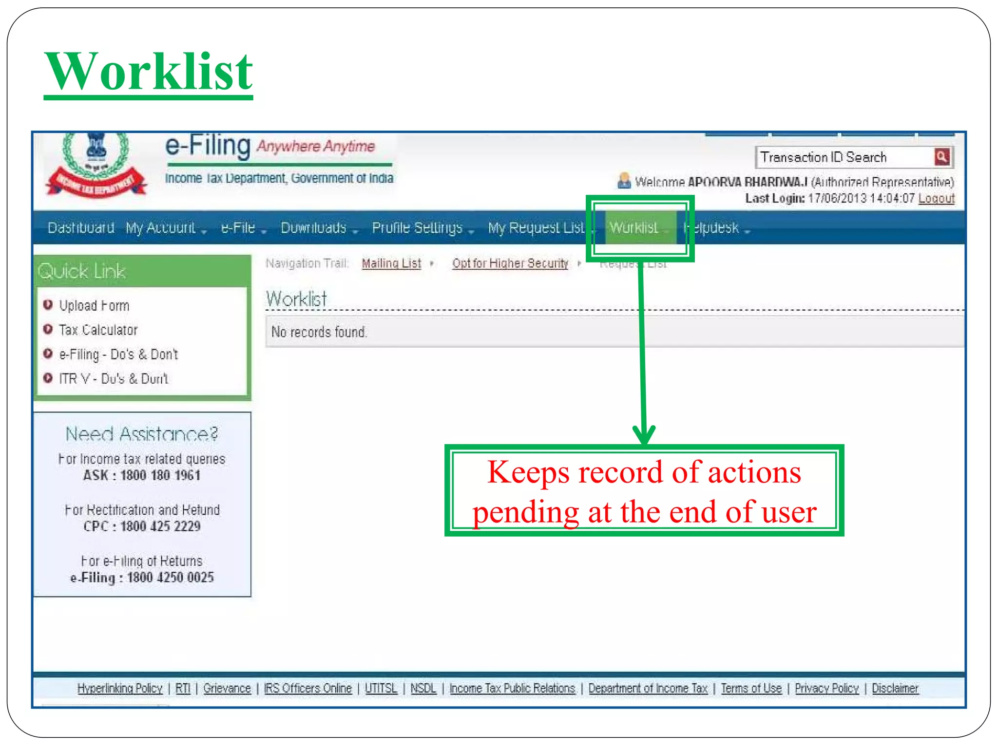 Worklist
Keeps record of actions
pending at the end of user
 