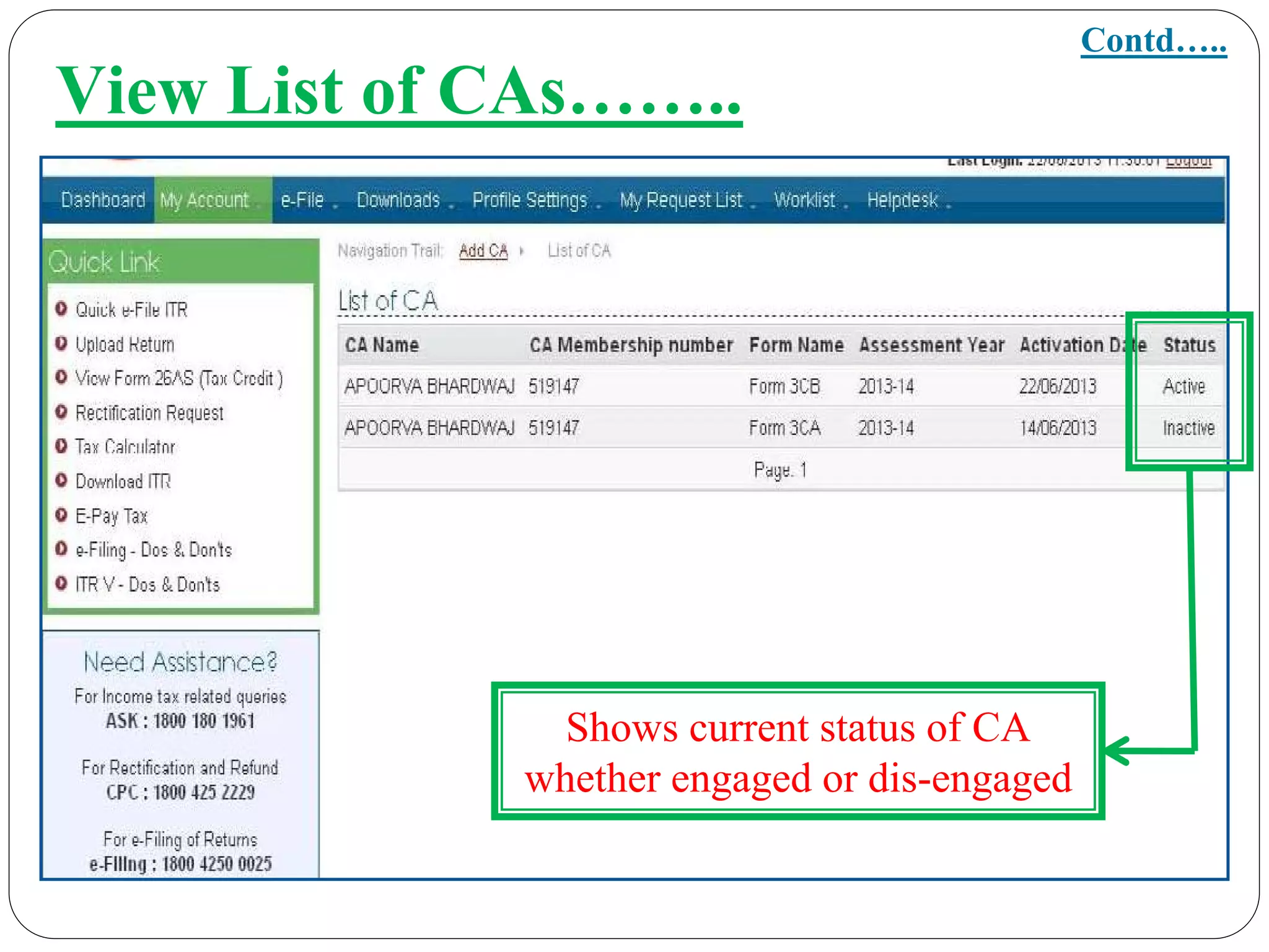 View List of CAs……..
Shows current status of CA
whether engaged or dis-engaged
Contd…..
 