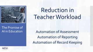 The Promise of
AI in Education
Reduction in
Teacher Workload
Automation of Assessment
Automation of Reporting
Automation of Record Keeping
 